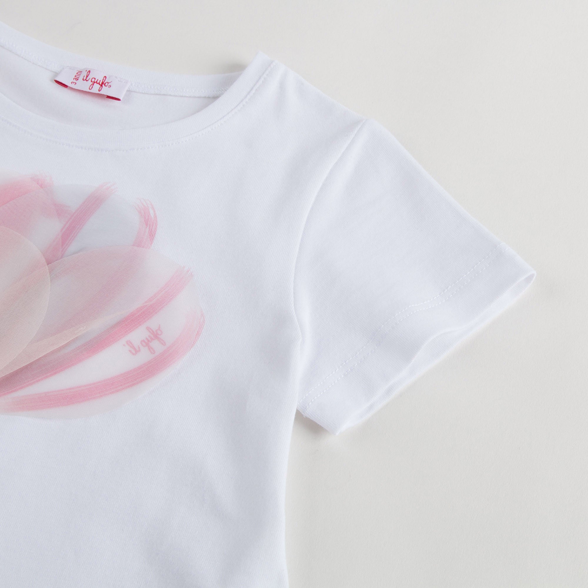 Girs White Cotton T-Shirt With Pink Flower applique - CÉMAROSE | Children's Fashion Store - 5