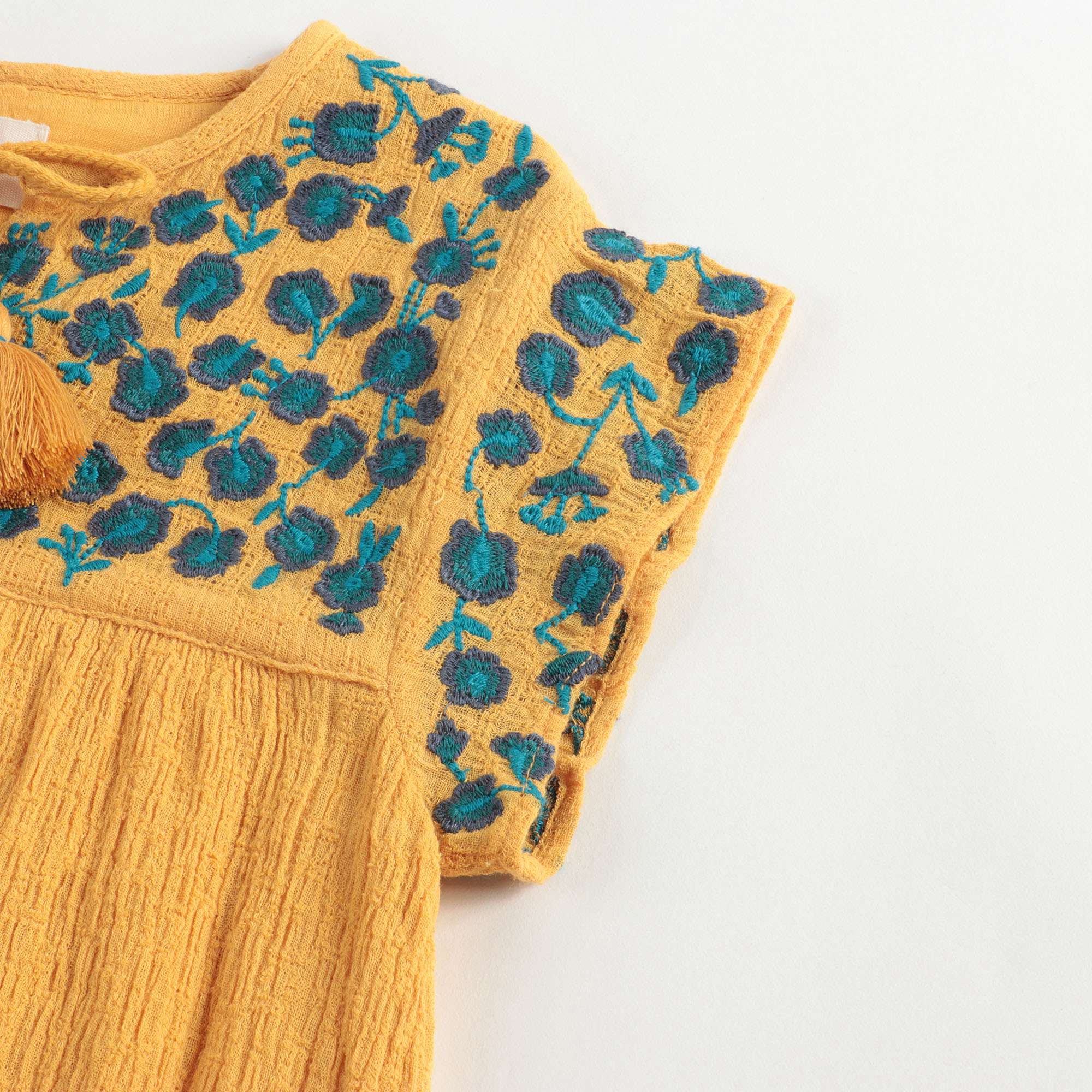 Girls Yellow Embroidered Cotton Dress