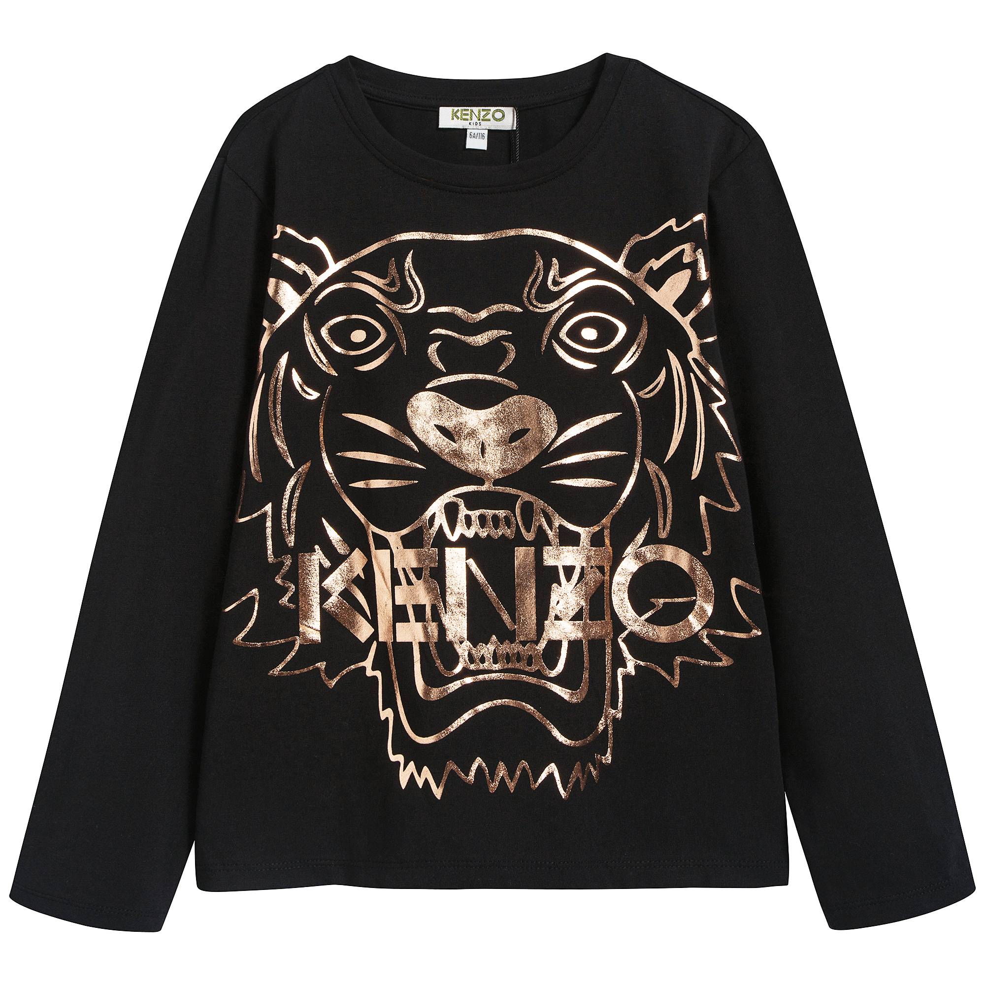 Girls Black Tiger Printed Cotton T-shirt