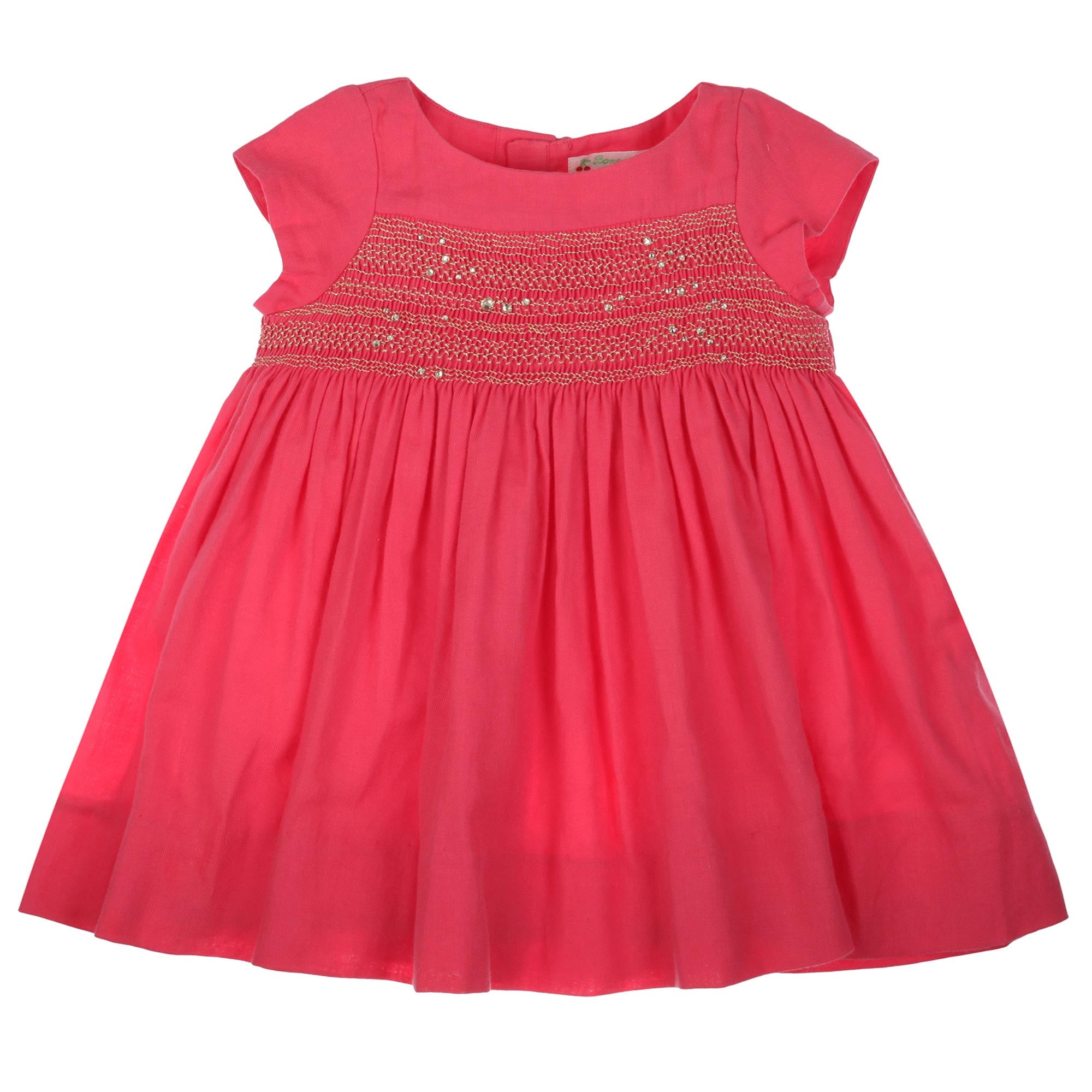 Girls Candy Pink Wool Dress With Gold Embroidered Trims - CÉMAROSE | Children's Fashion Store - 1