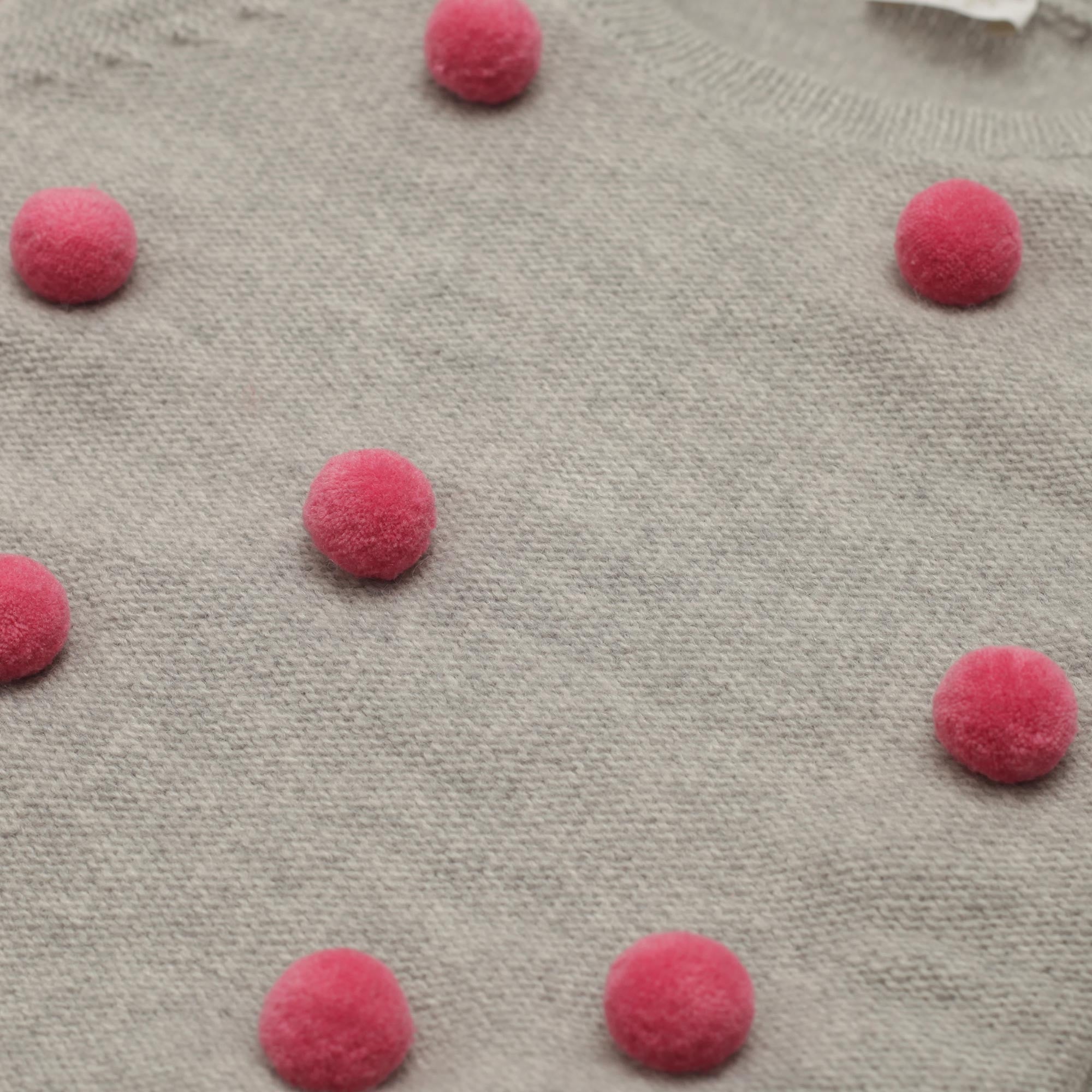 Girls Cloud Grey Wool Sweater With Cyclamen Pom-pom Trims - CÉMAROSE | Children's Fashion Store - 3