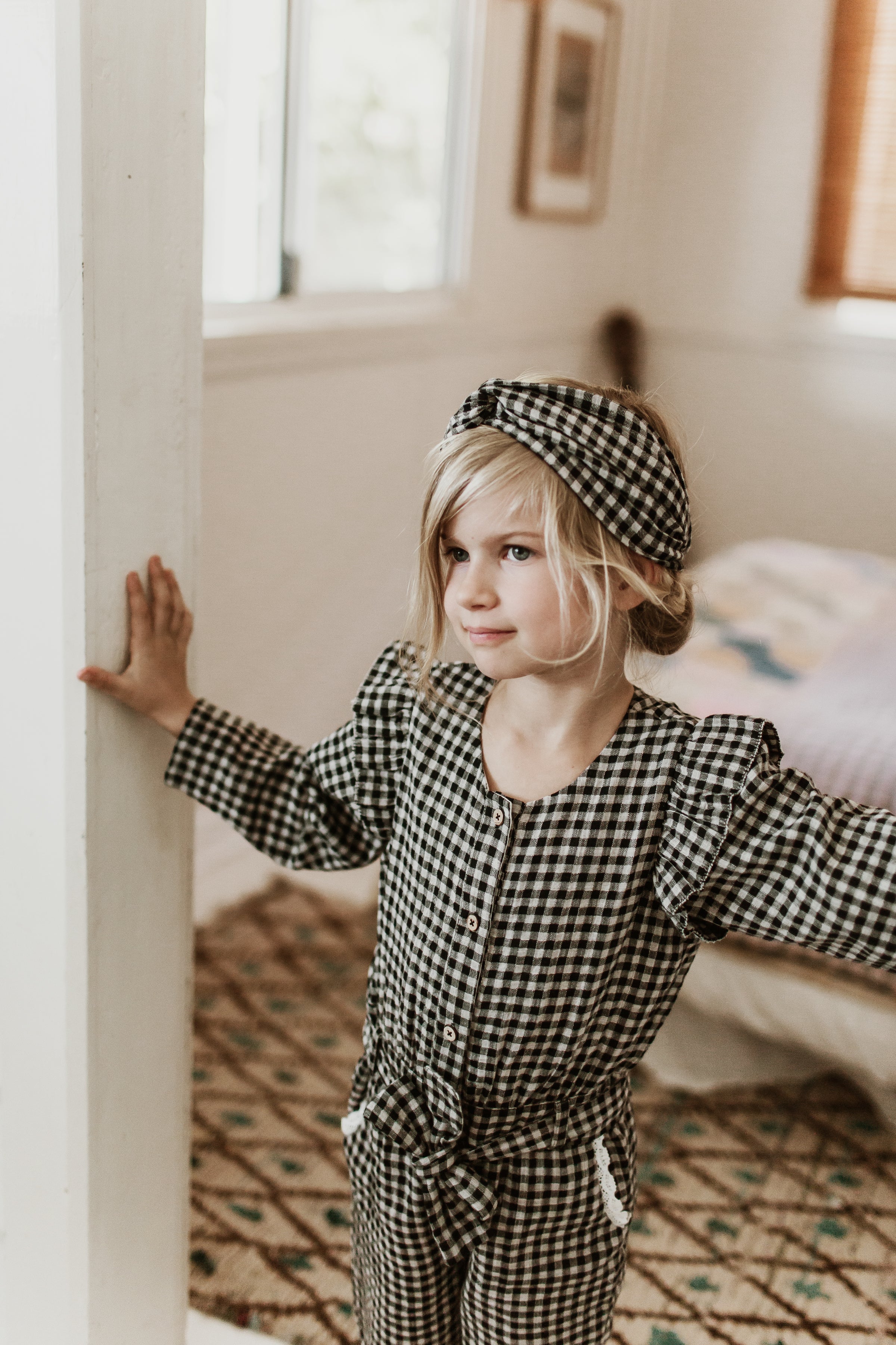 Girls Black Vichy Organic Cotton Jumpsuit