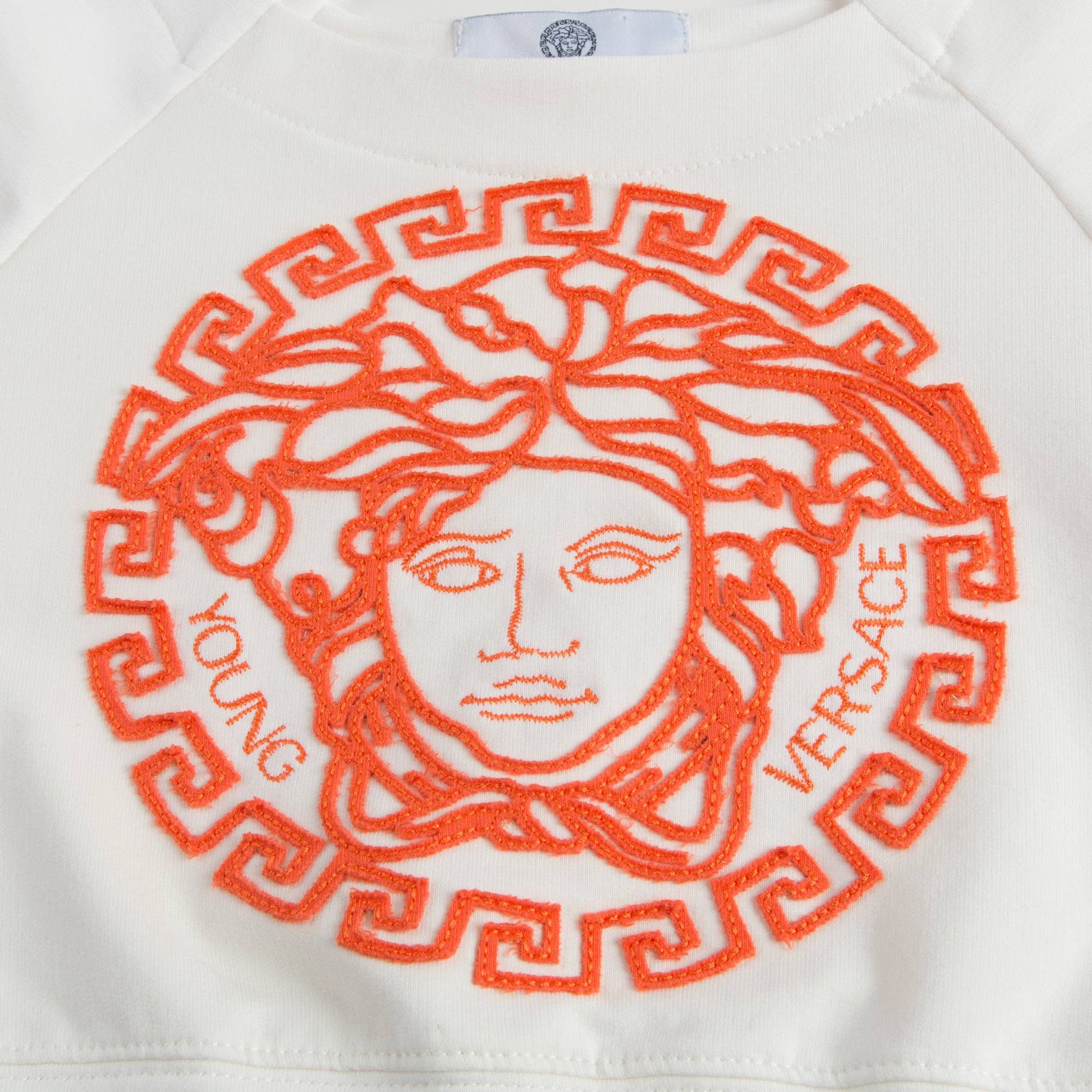 Girls White Cotton Sweatshirt With Orange Medusa Logo