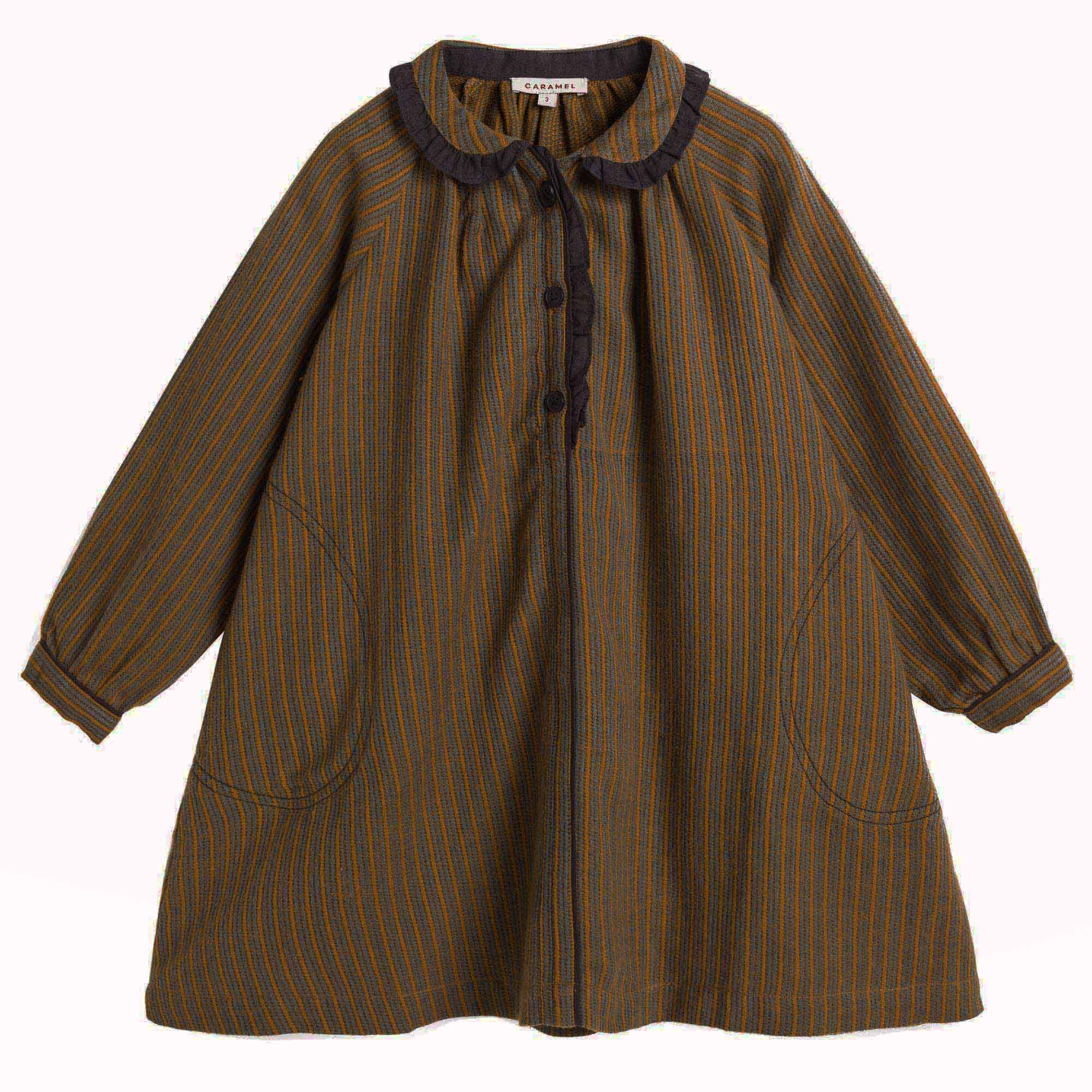 Girls Beige Mustard Striped Cotton Woven Dress - CÉMAROSE | Children's Fashion Store - 1
