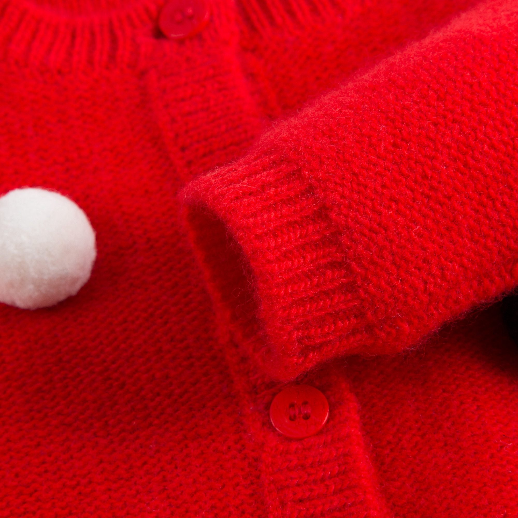 Girls Red Wool Cardigan With Pom-Pom Trims