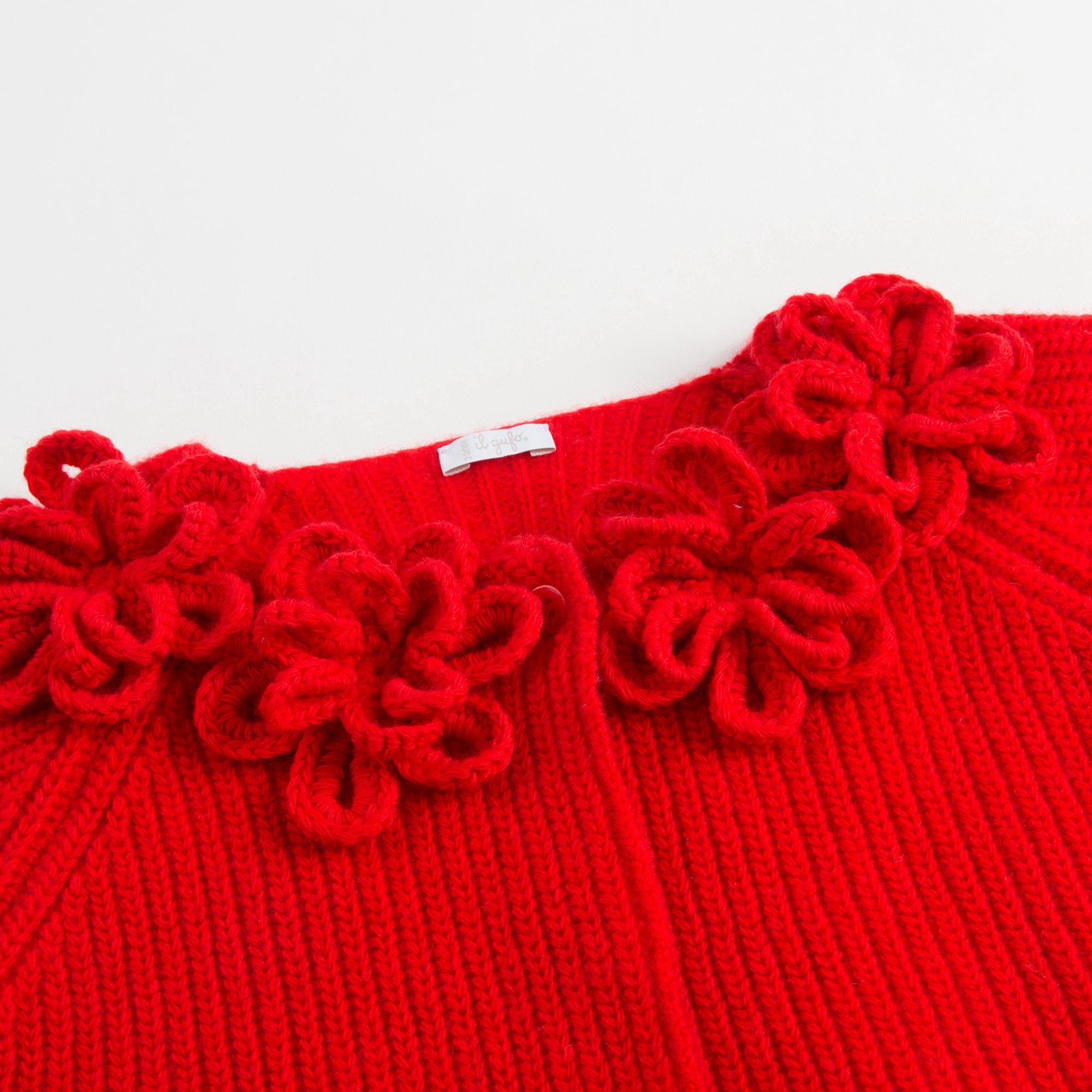 Girls Red Wool Cardigan With Flower Trims