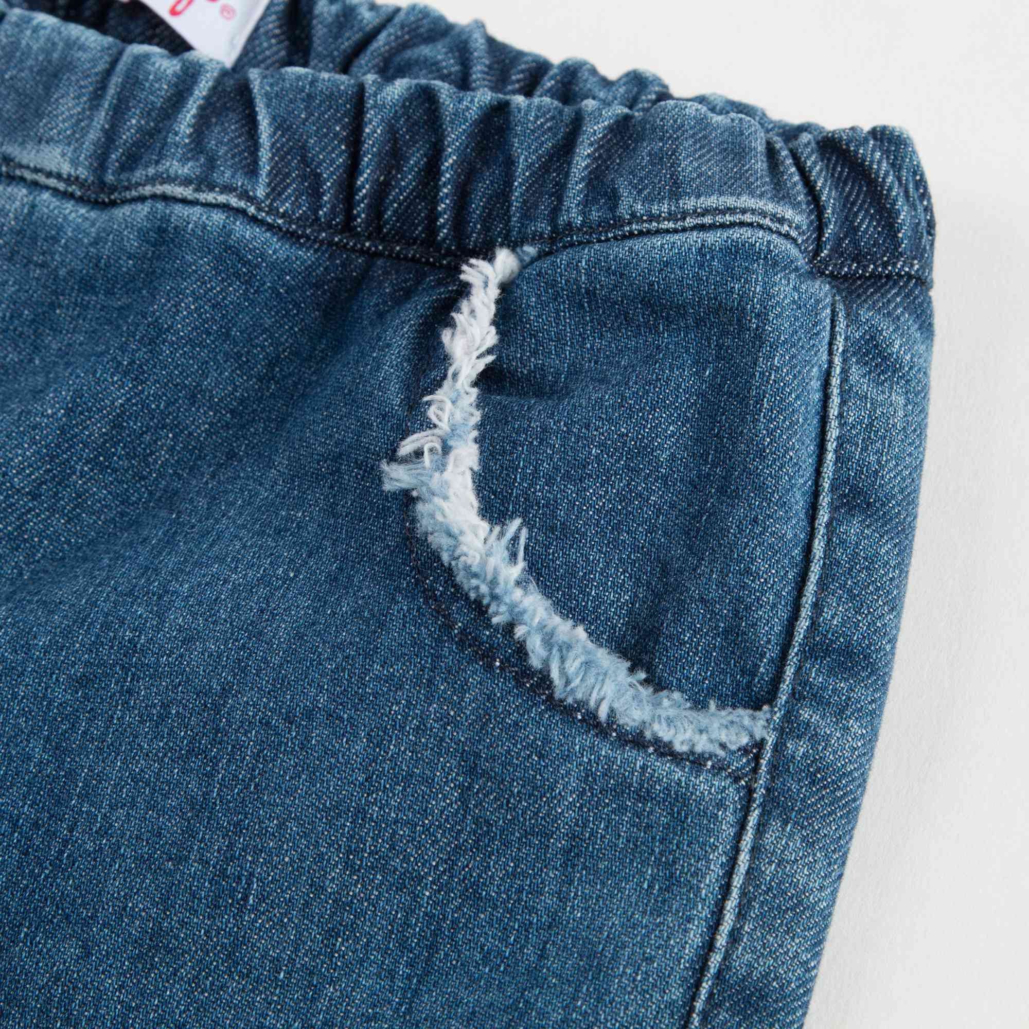 Girls Denim Blue Cotton Jeans With Flowers Trims