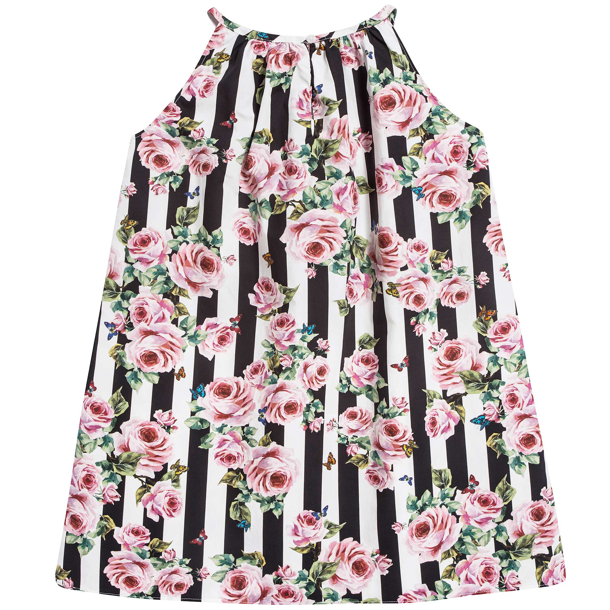 Girls  Pink  &   Black  Striped   Rose  Cotton  Dress