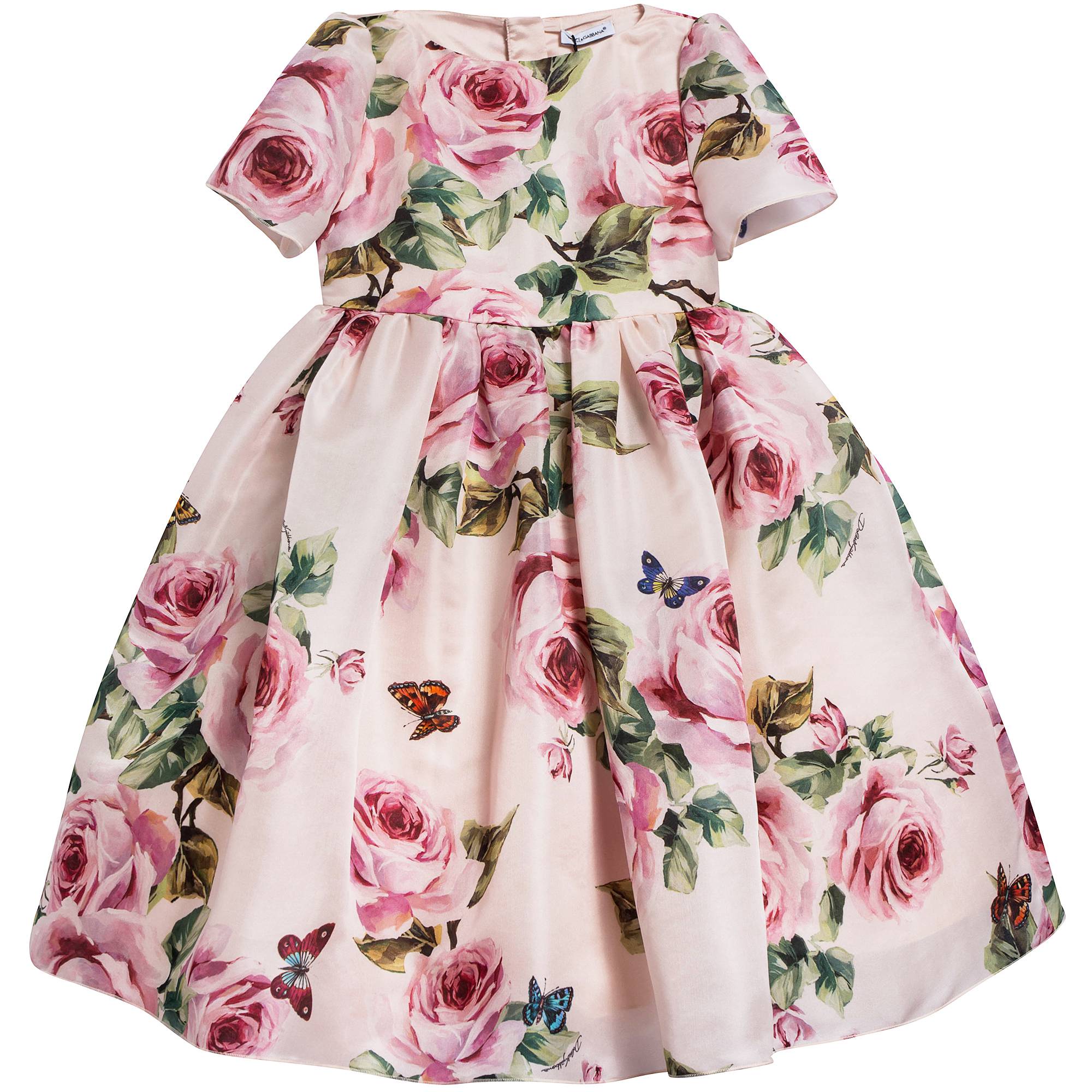 Girls Beige Rose & Farfalle Silk Dress