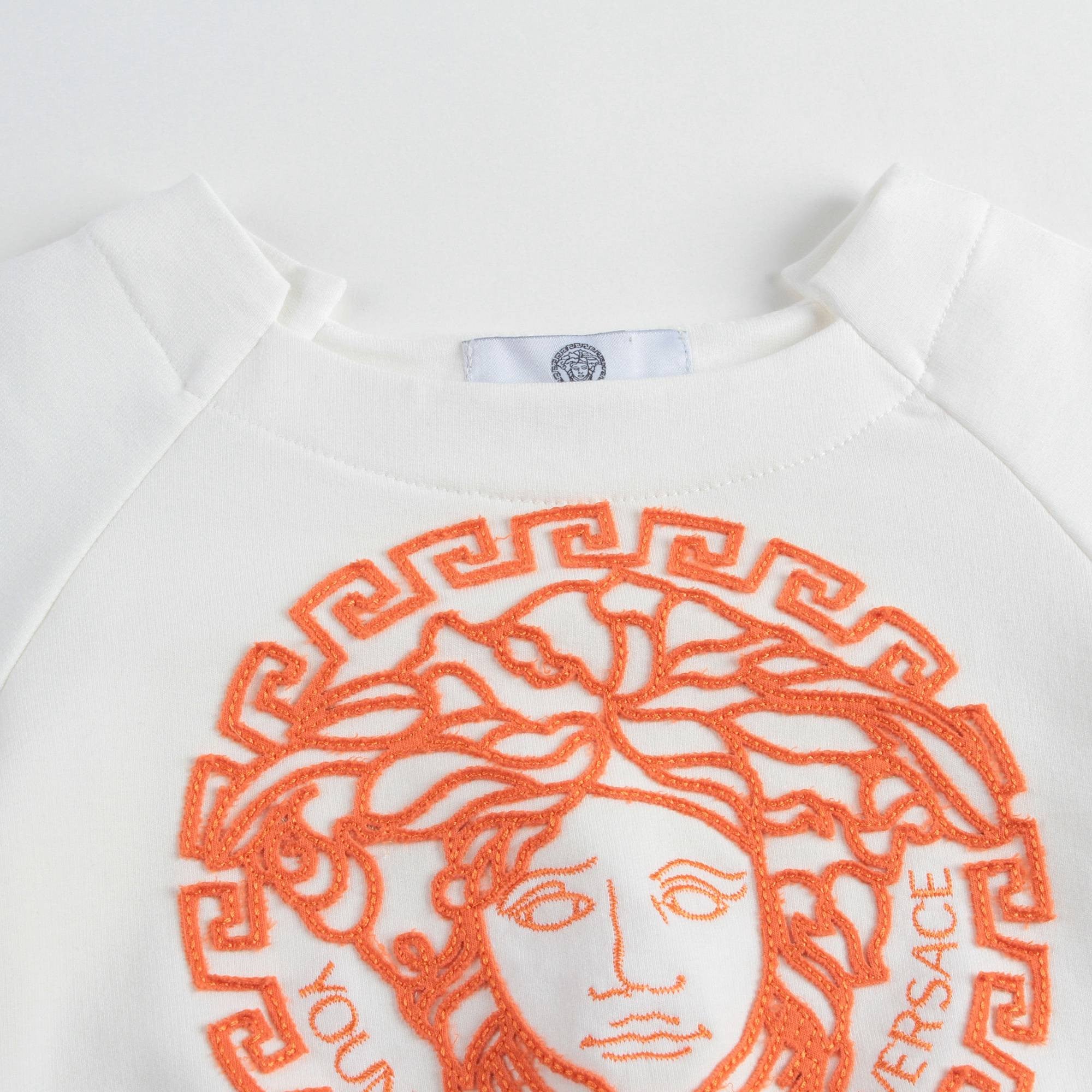Girls White Cotton Sweatshirt With Orange Medusa Logo