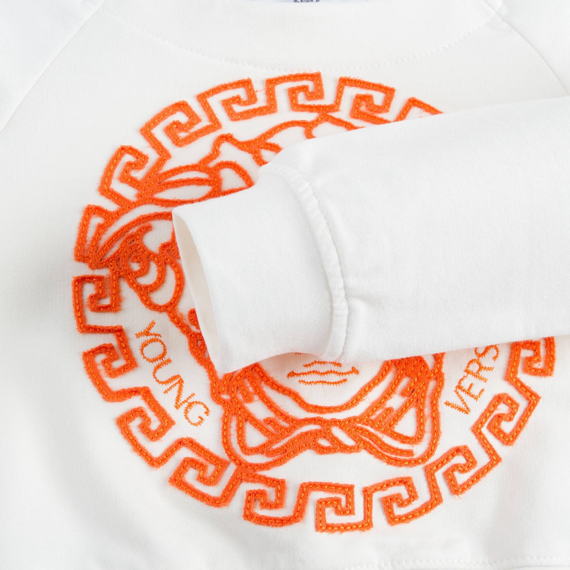 Girls White Cotton Sweatshirt With Orange Medusa Logo