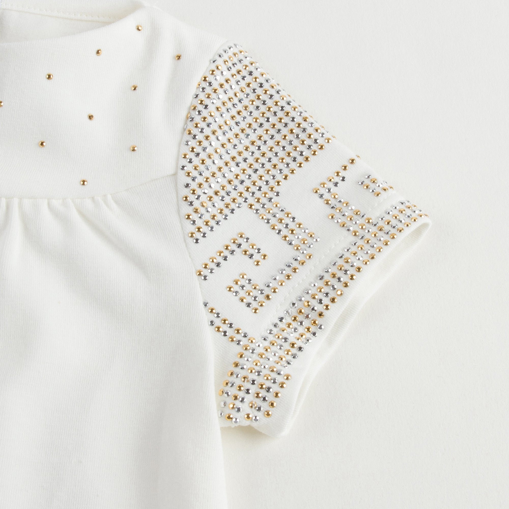 Baby Girls White Cotton Blouse With Gold Rhinestone Trims