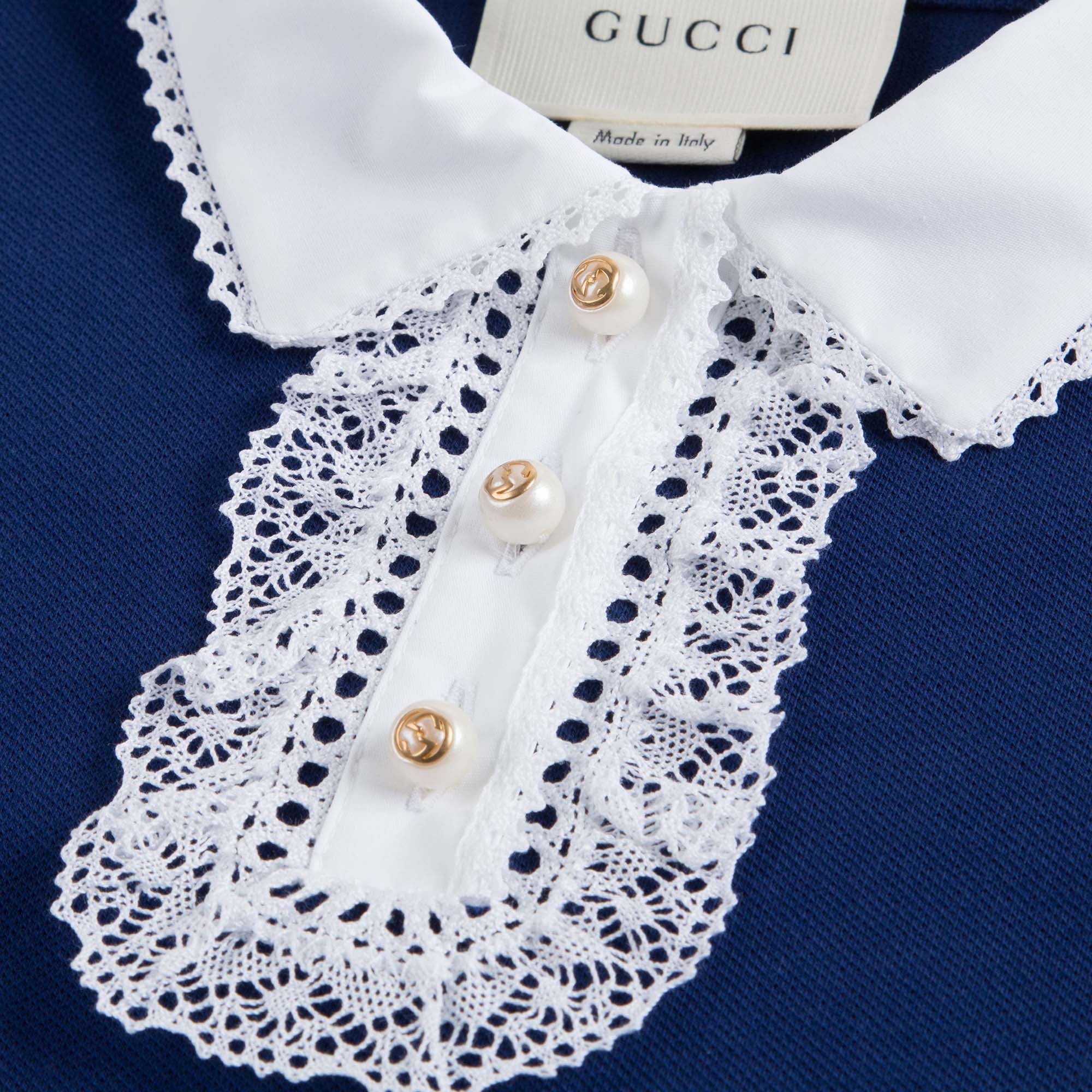 Girls Blue Cotton Piqué Top with Lace