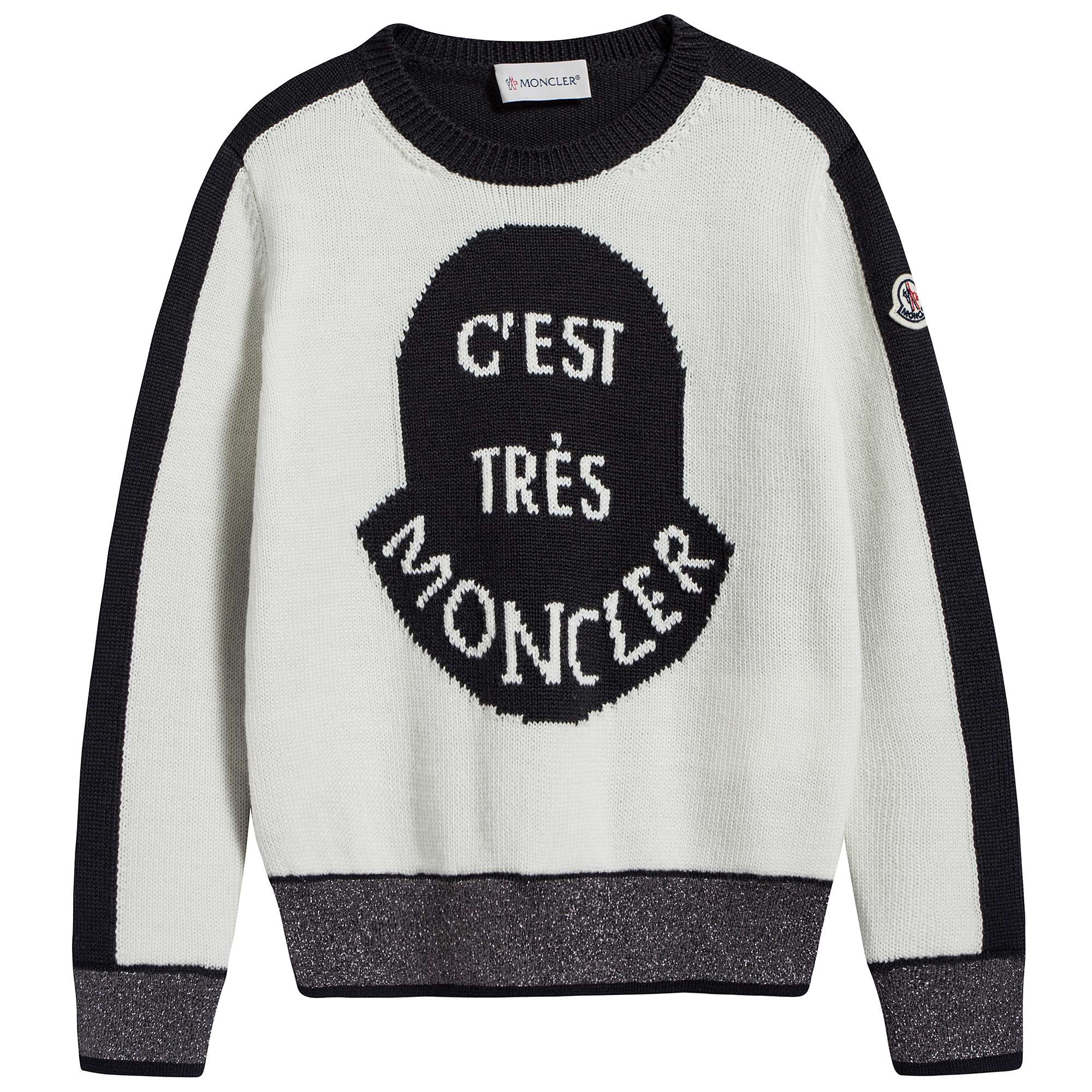 Girls White & Black Logo Wool Sweater