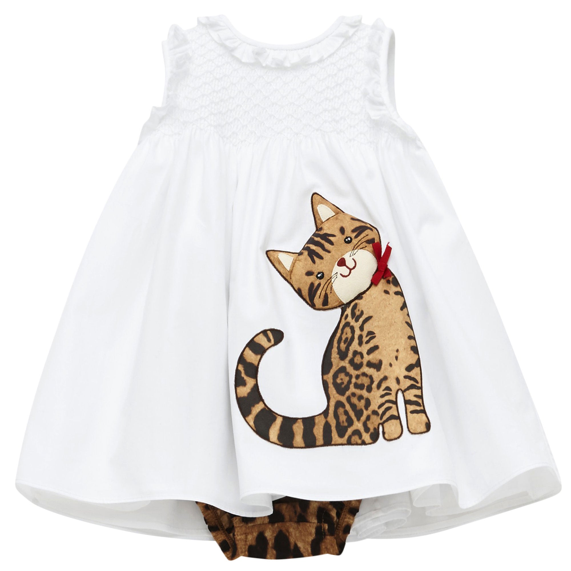Baby Girls White Cotton Cat Printed Trims Dress - CÉMAROSE | Children's Fashion Store - 1