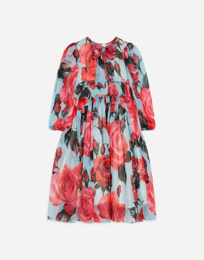 Girls Blue Rose Printed Silk Dress