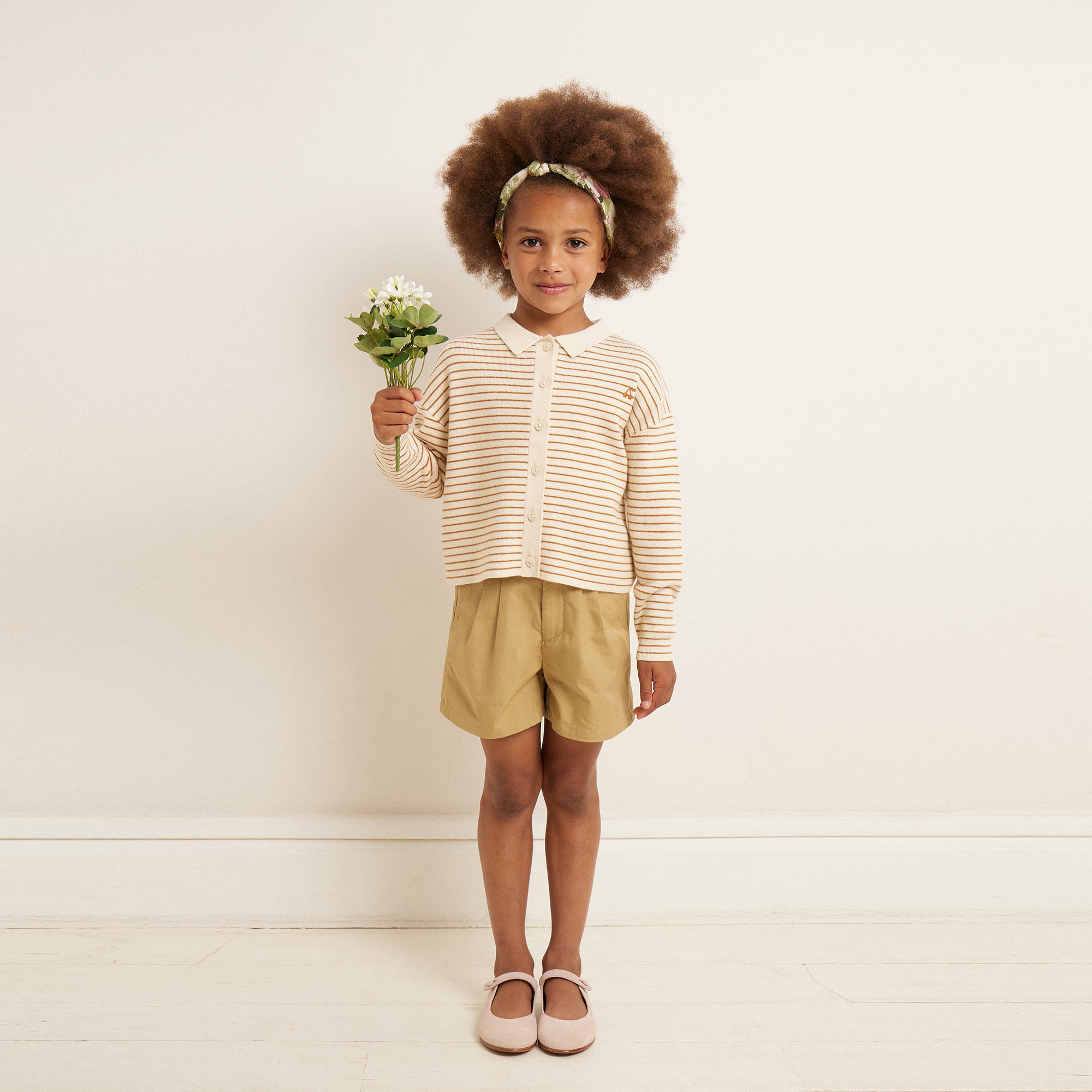 Girls Beige Stripes Wool Cardigan