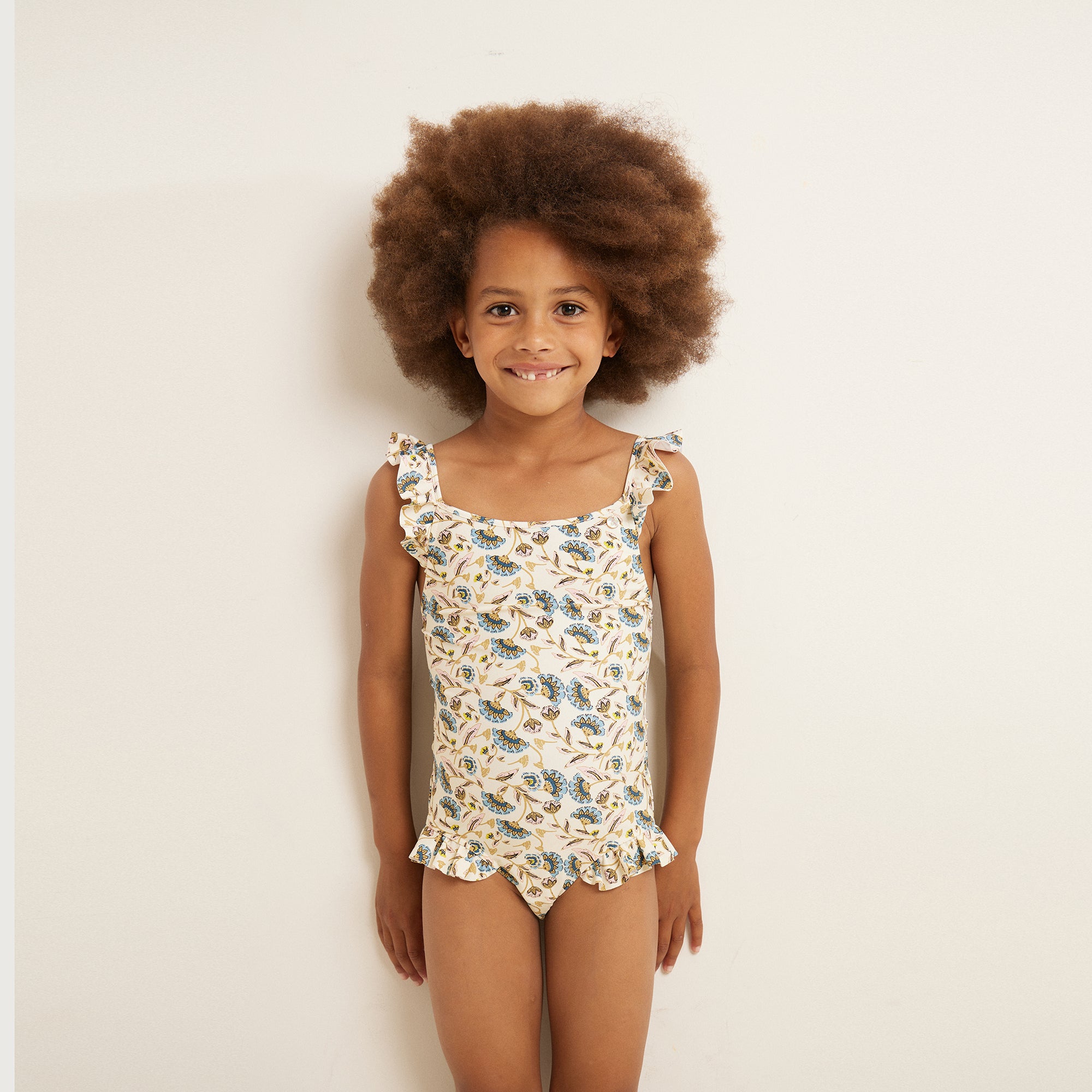 Girls Light Yellow Floral Swimsuit