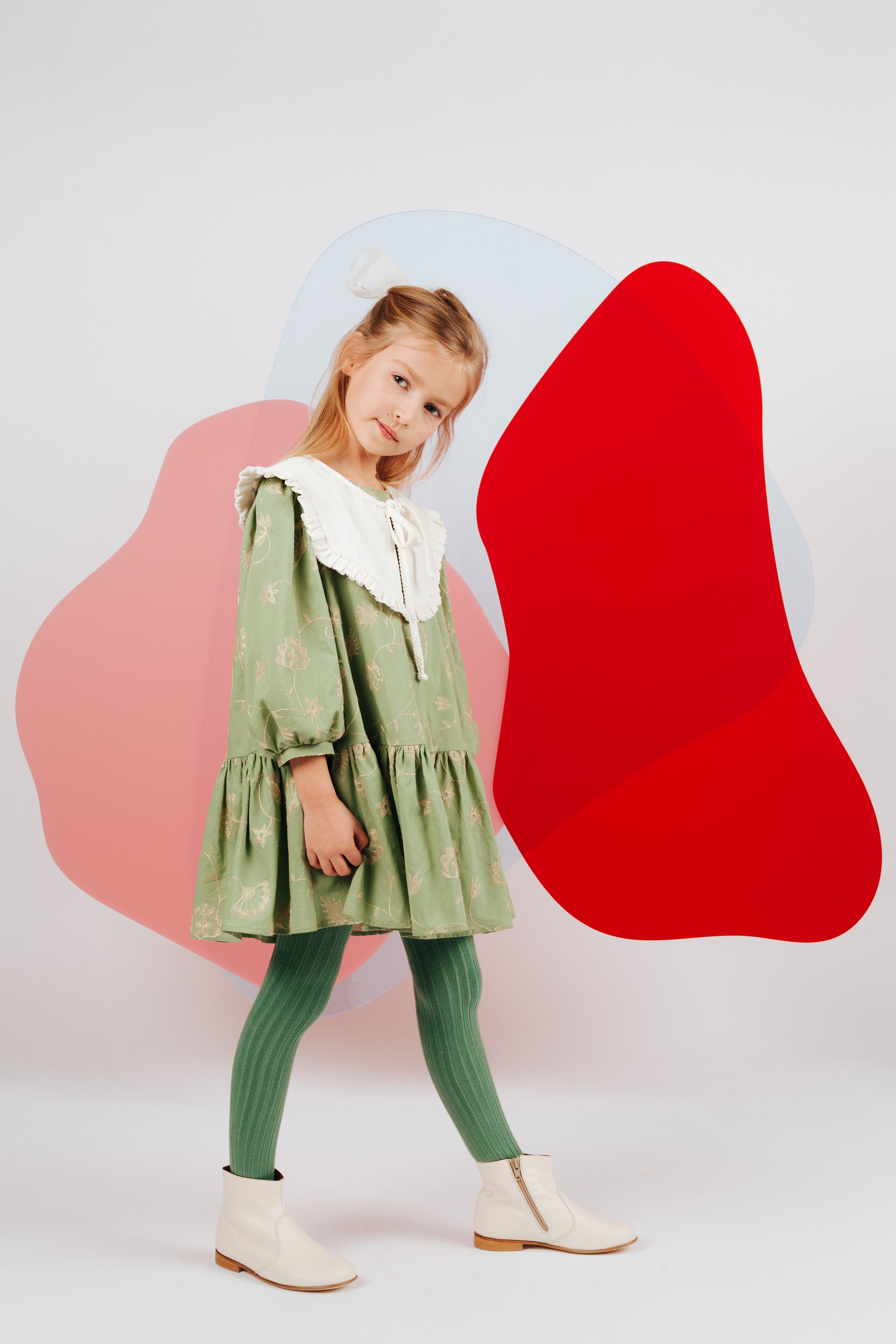 Girls Green Embroidered Cotton Dress