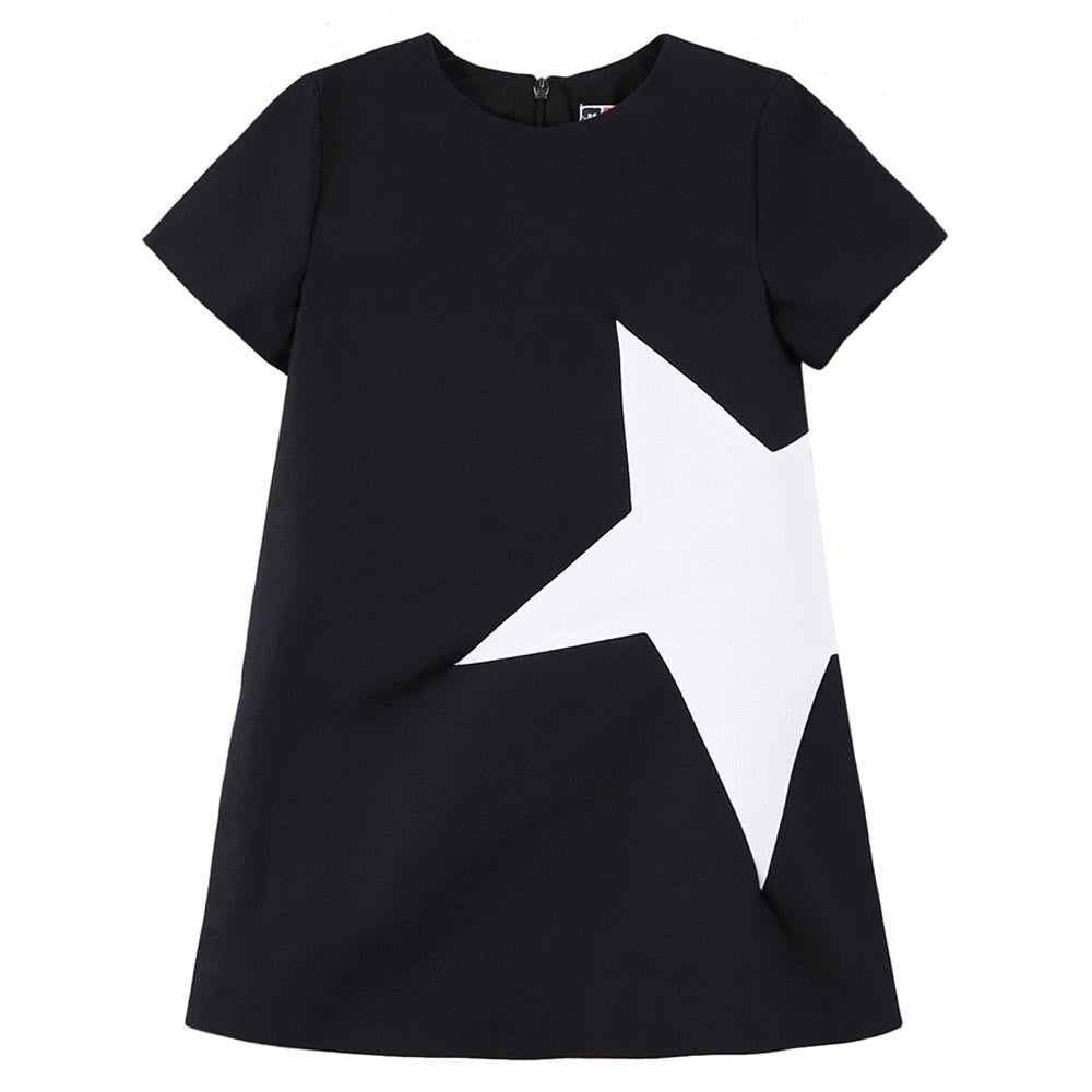 Girls Black Cotton Dress With White Star Trims - CÉMAROSE | Children's Fashion Store - 1