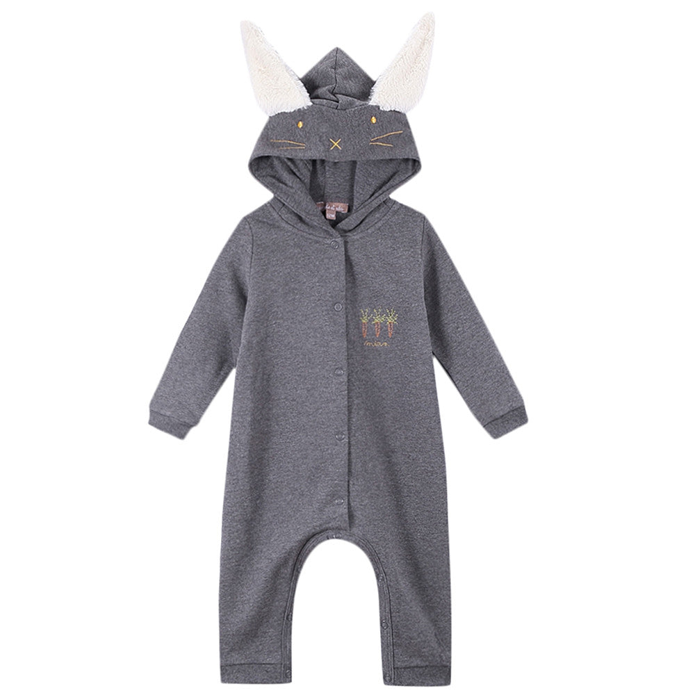 Girls Grey Robbit Hooded Cotton Babygrow - CÉMAROSE | Children's Fashion Store - 1