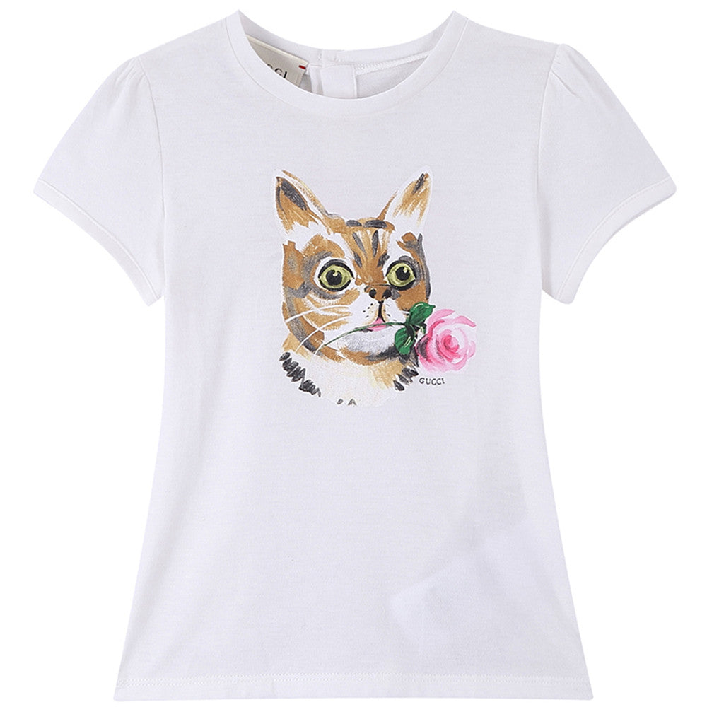 Baby Girls White Cat & Flower Printed Cotton T-Shirt - CÉMAROSE | Children's Fashion Store - 1