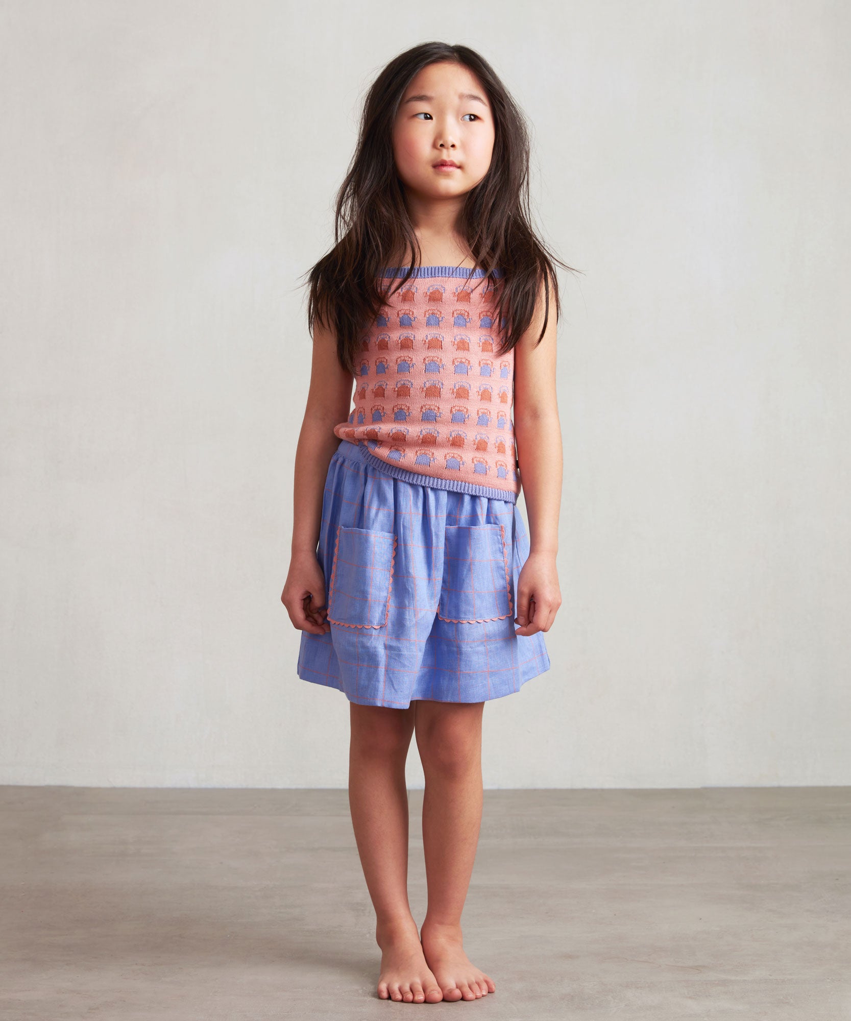 Girls Lavender Check Linen Skirt