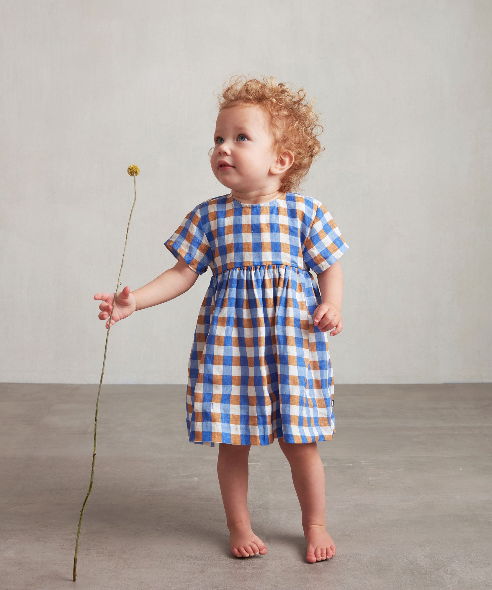 Girls Blue Check Linen Dress
