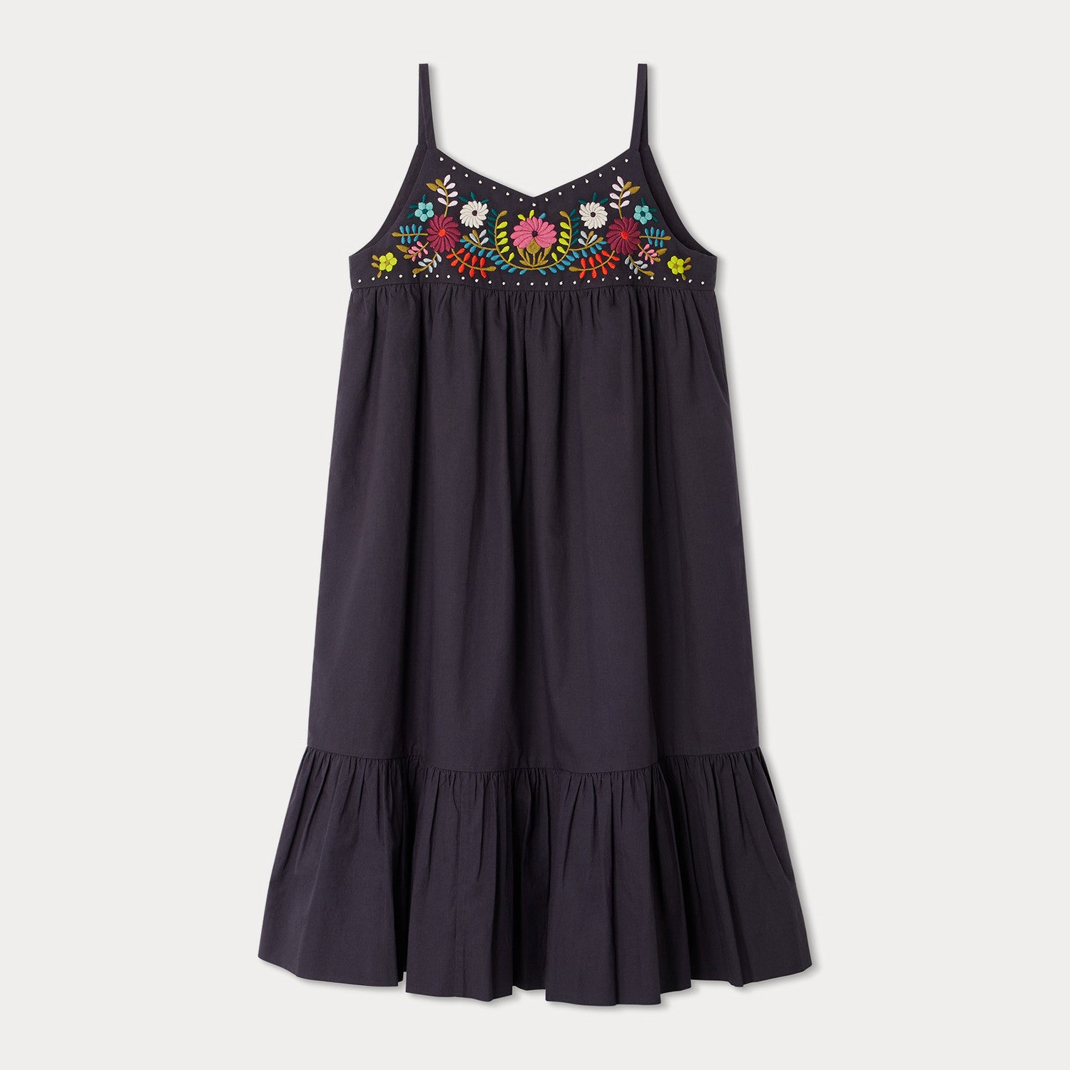 Girls Dark Grey Embroidered Cotton Dress