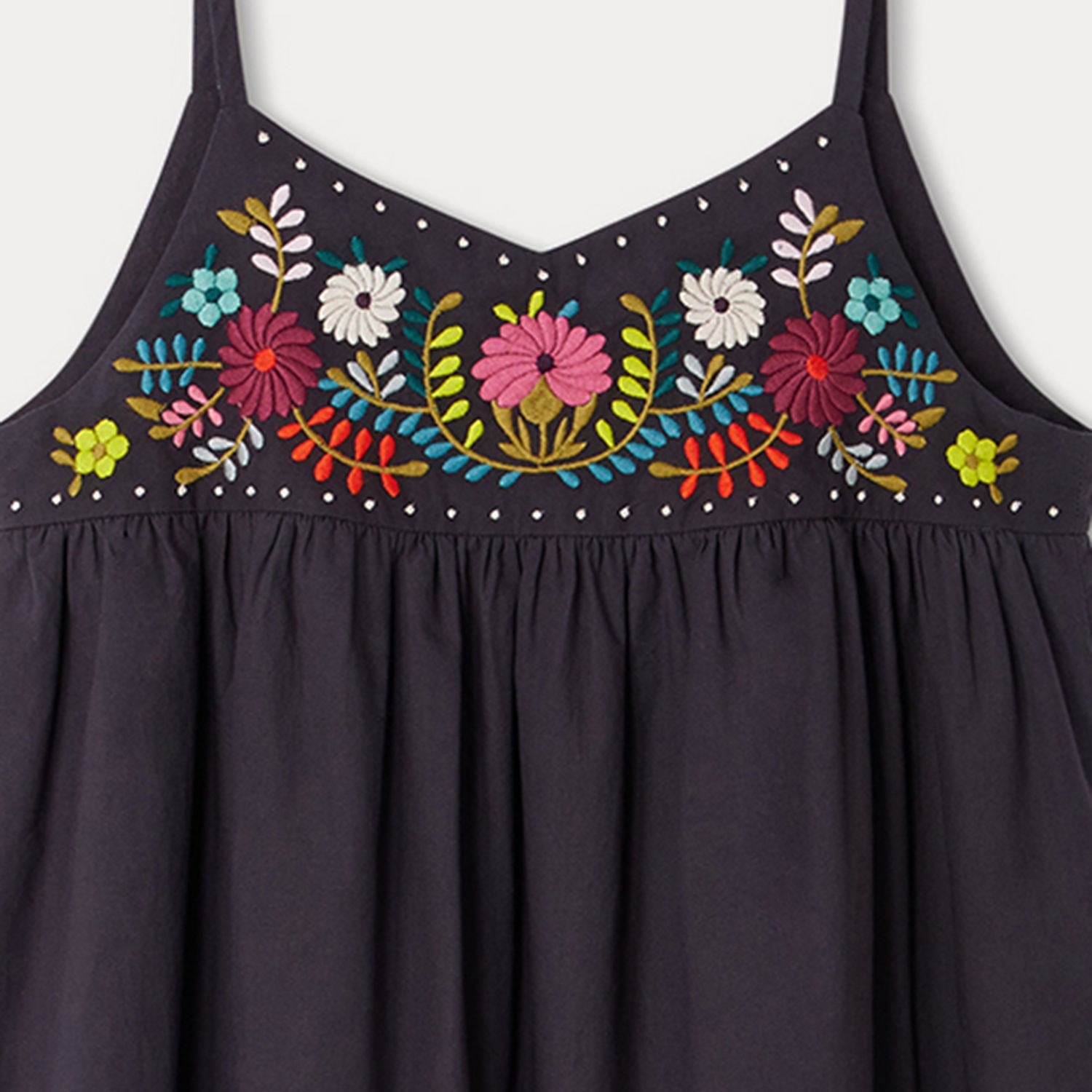 Girls Dark Grey Embroidered Cotton Dress
