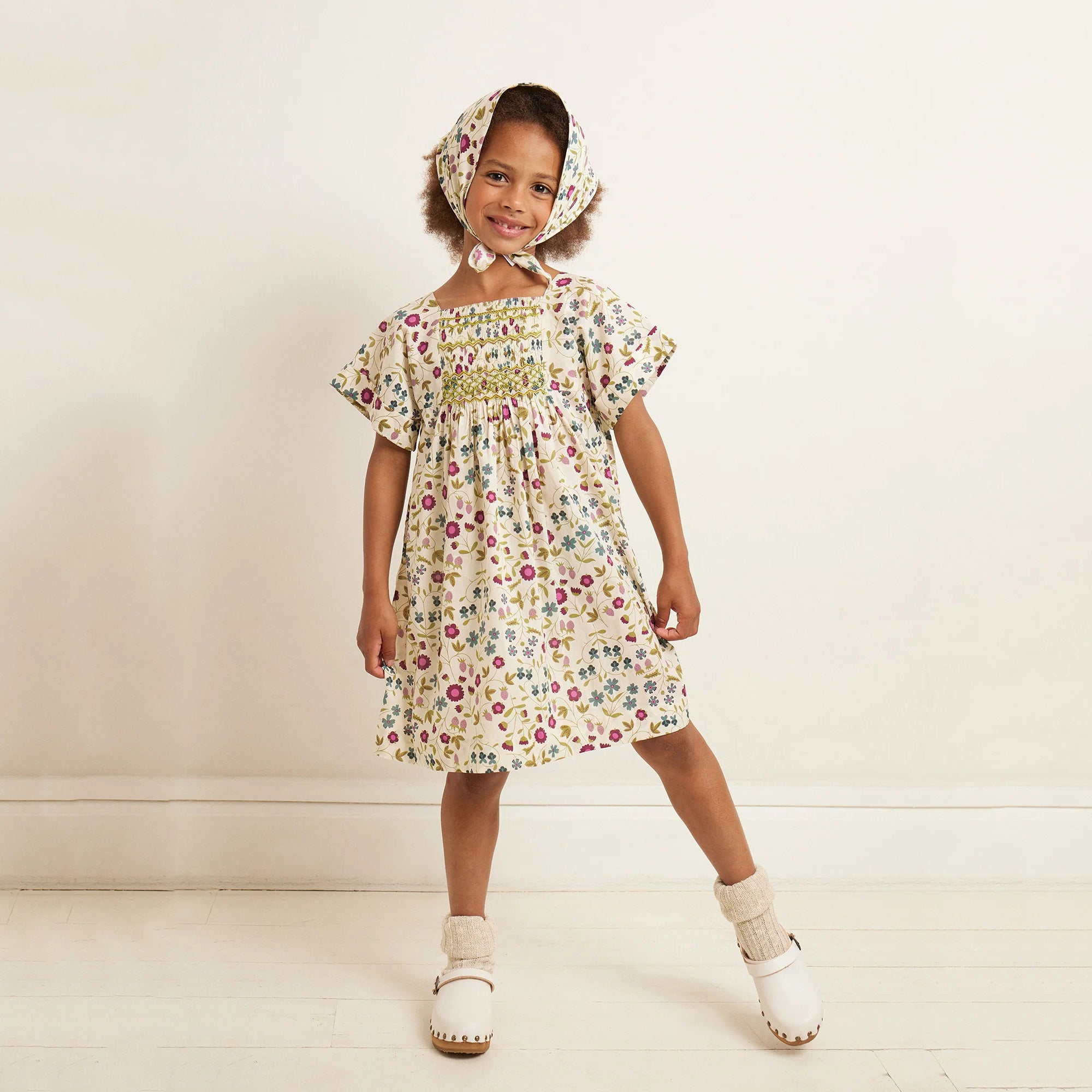 Girls White Floral Cotton Dress