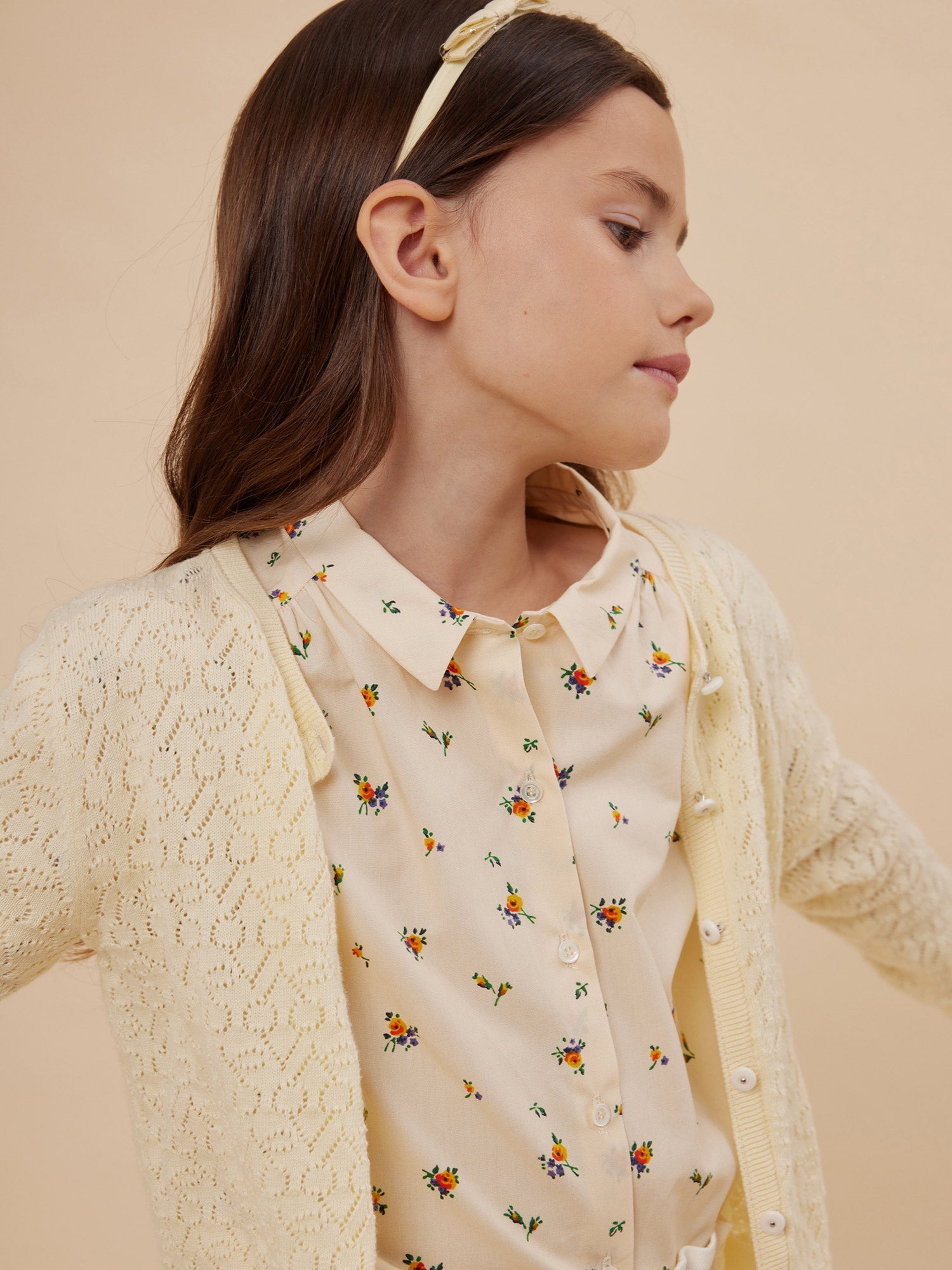 Girls Beige Floral Cotton Shirt