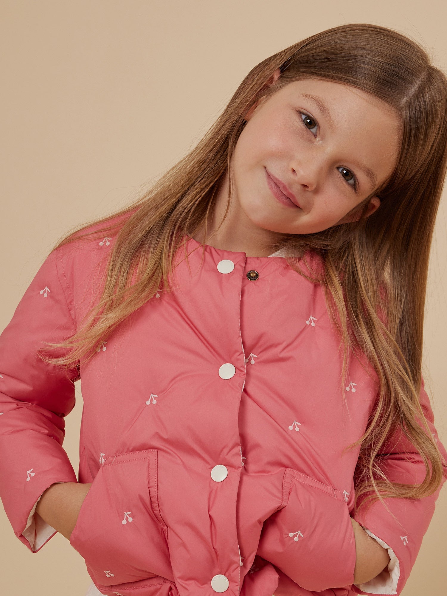 Girls Pink Embroidered Padded Jacket