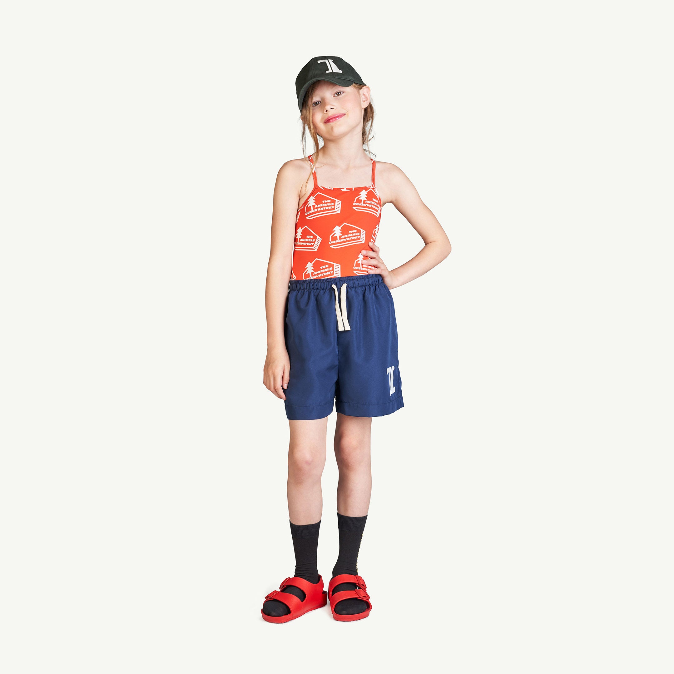 Girls Red House Printed Swimsuit