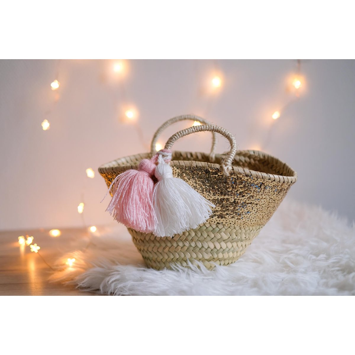 Girls Glitter Cream Dried Plant Fibre Small Basket