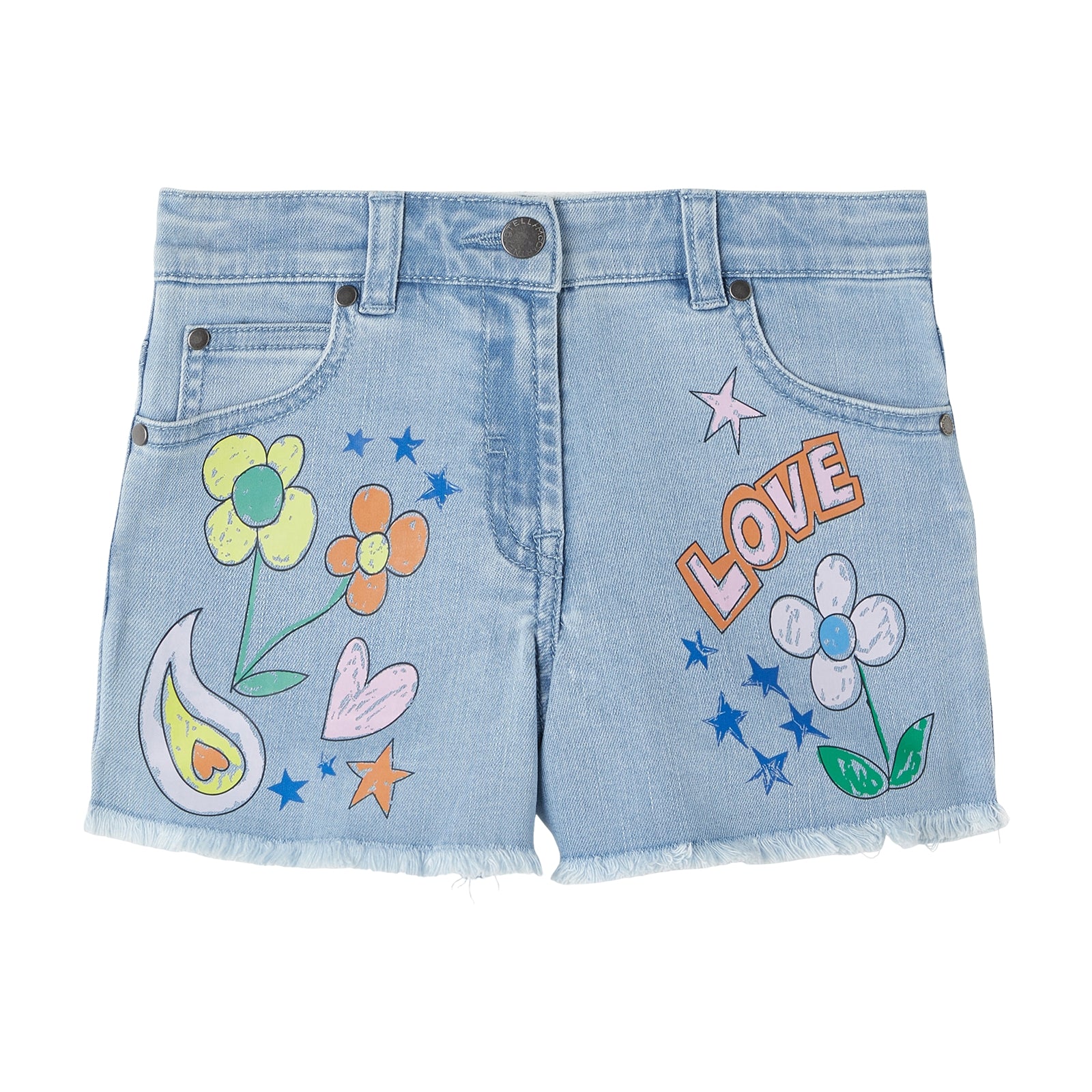 Girls Light Blue Printed Denim Shorts