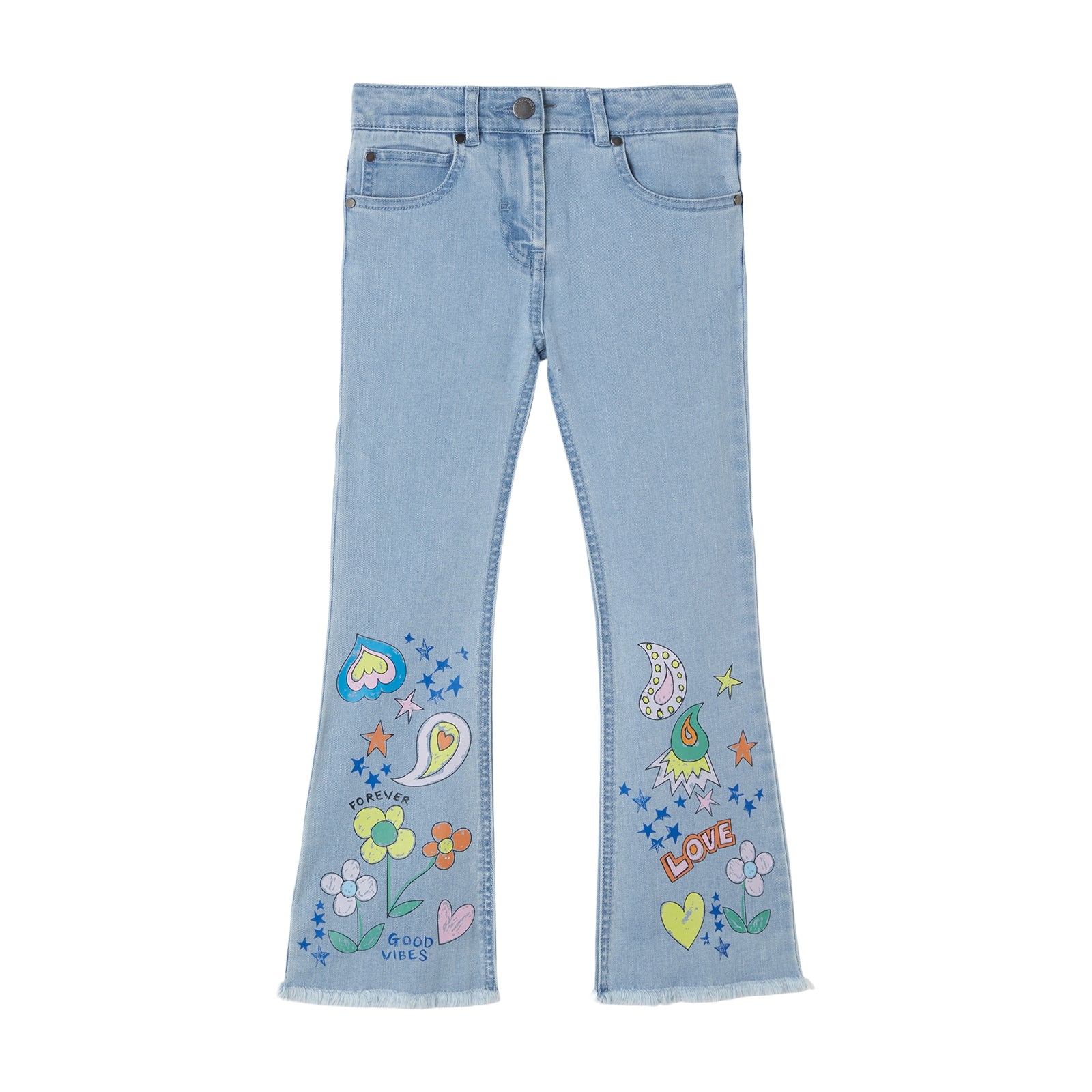 Girls Light Blue Printed Denim Trousers