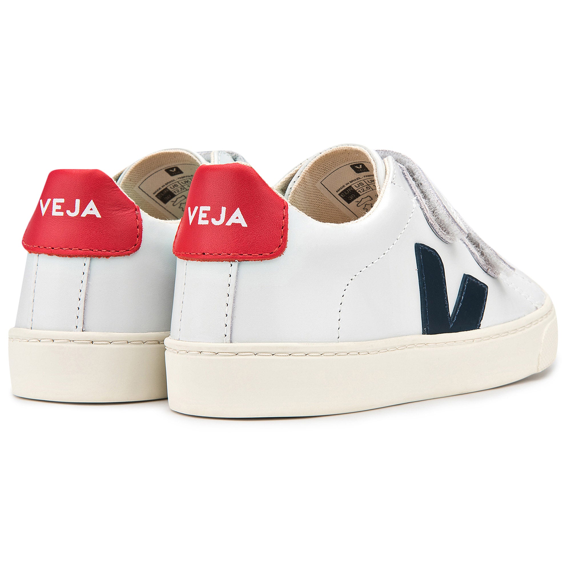 Girls  &  Boys   White  Leather  Velcro With  Navy  Blue  "V"  Shoes