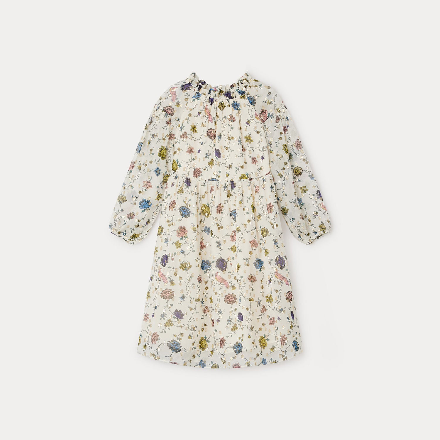 Girls White Flowers Sequin Silk Dress