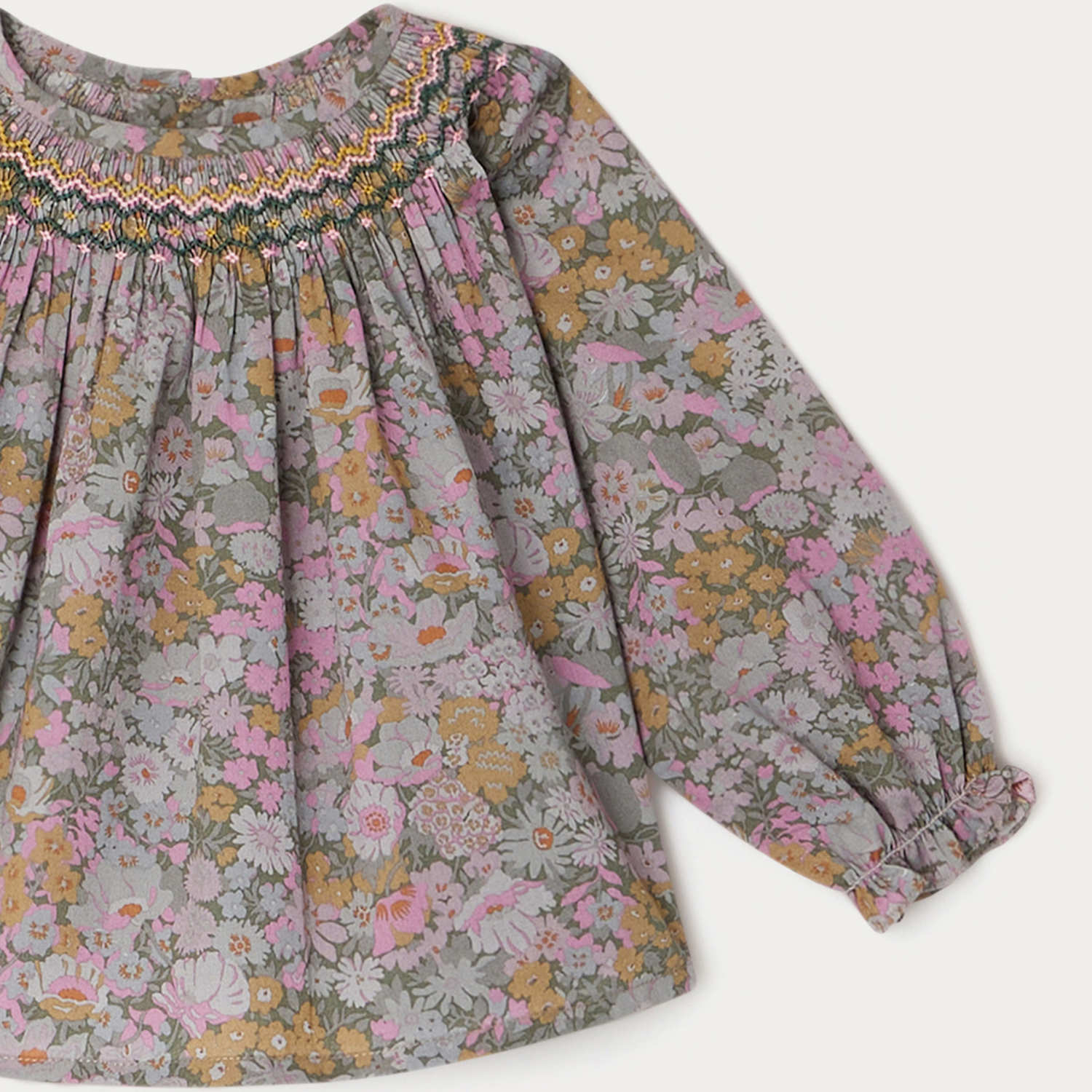 Baby Girls Green-Grey Floral Cotton Top