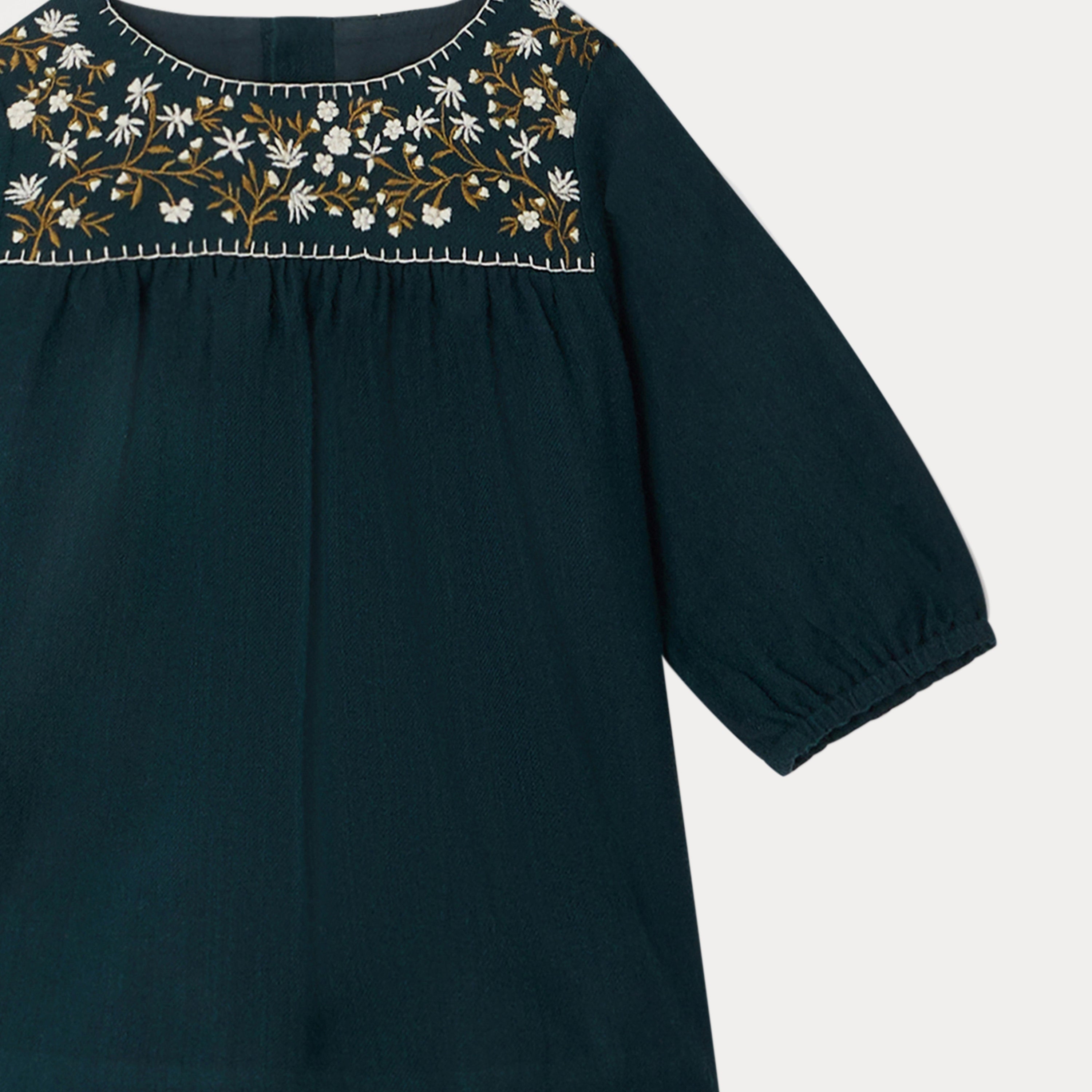 Baby Girls Dark Green Embroidered Dress