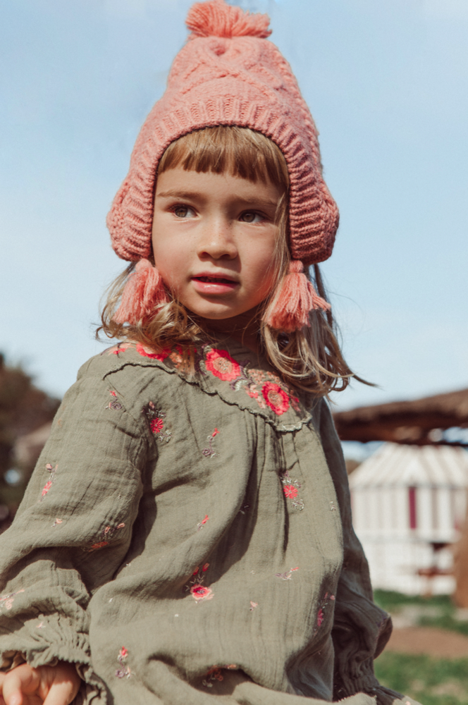 Girls Khaki Flowers Organic Cotton Dress