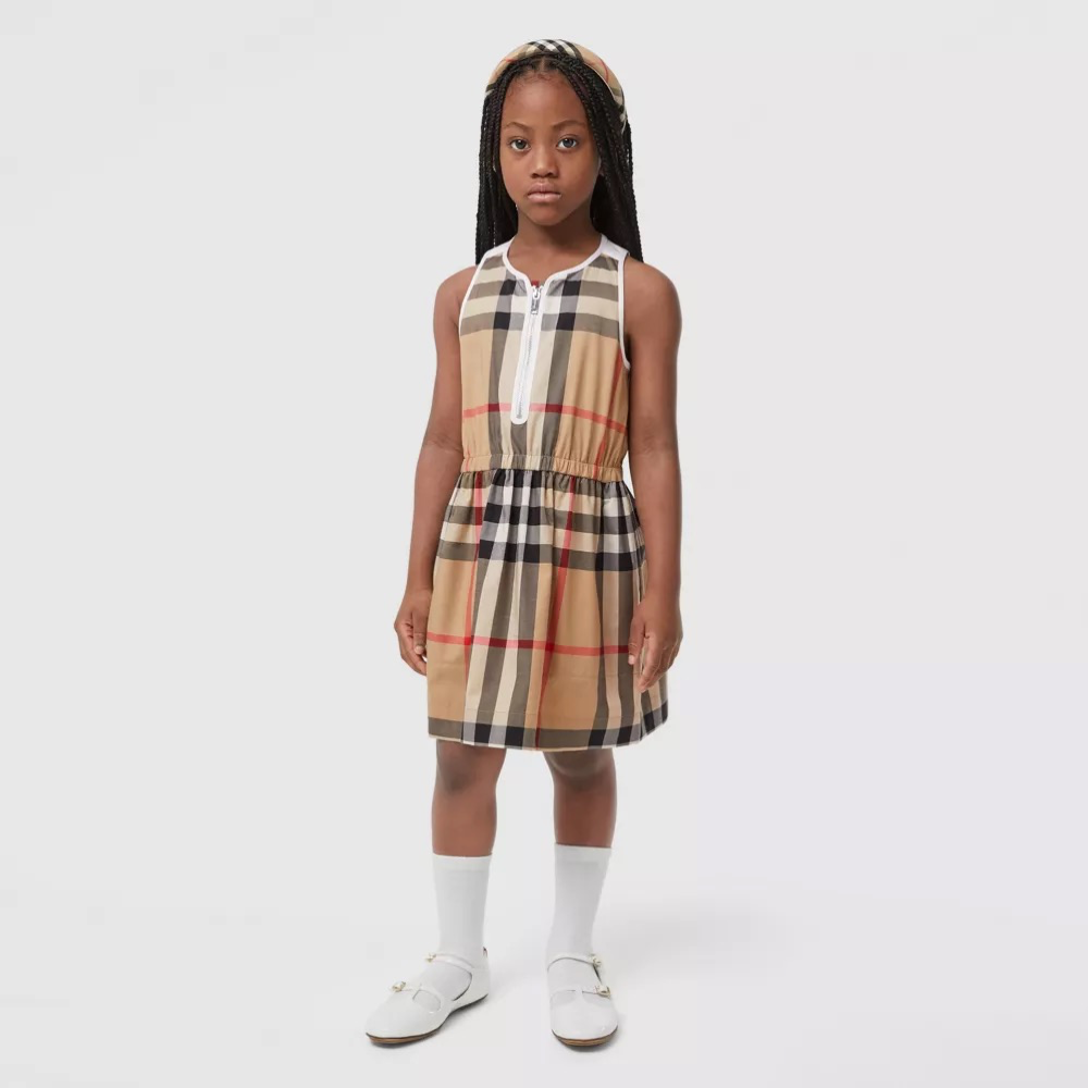 Girls Beige Check Cotton Dress