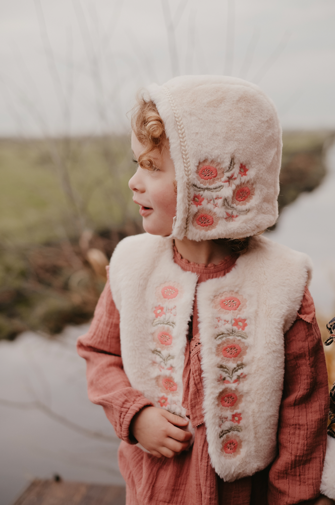 Girls Cream Embroidered Vest