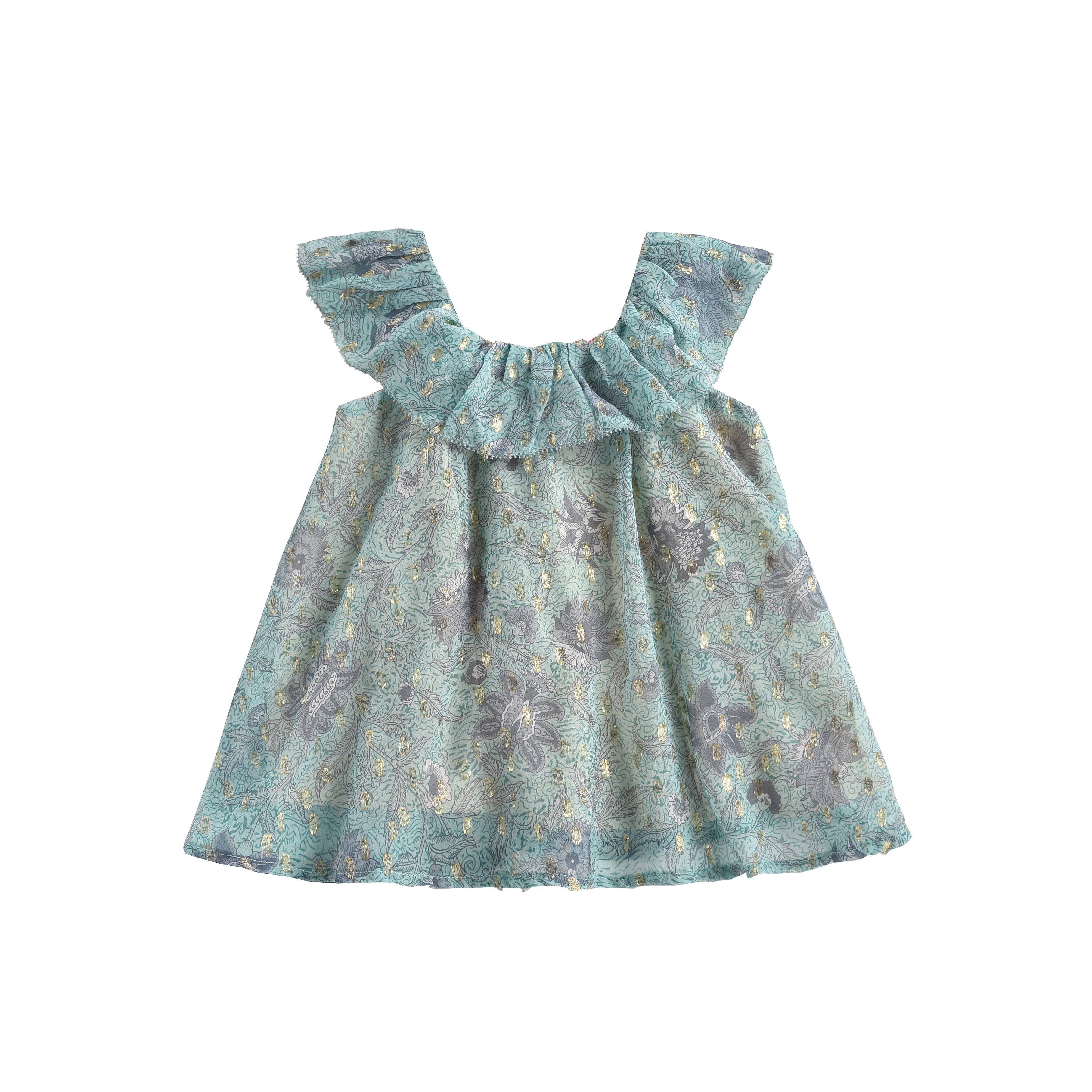 Girls Cyan Flowers Silk Dress