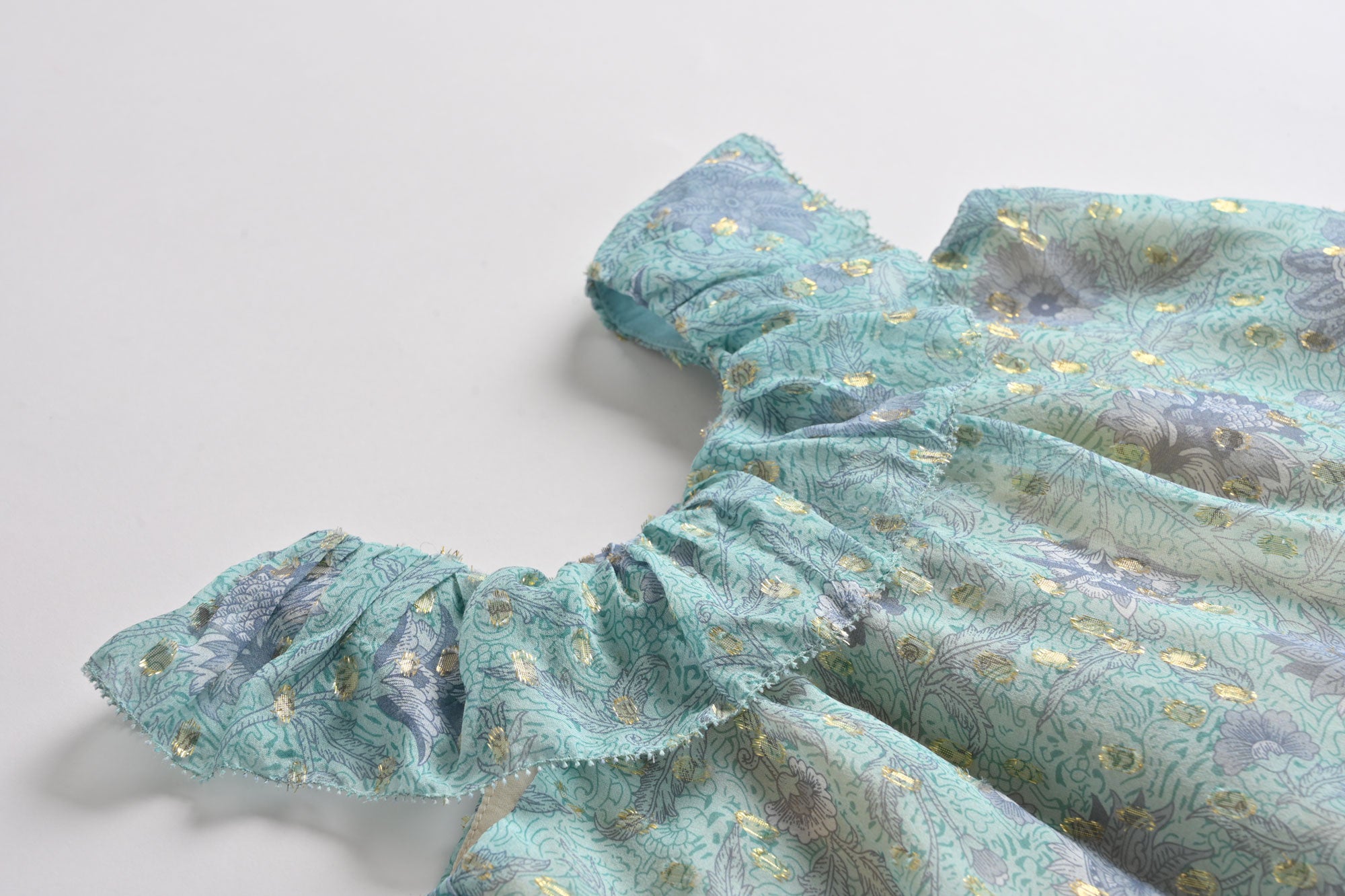 Girls Cyan Flowers Silk Dress