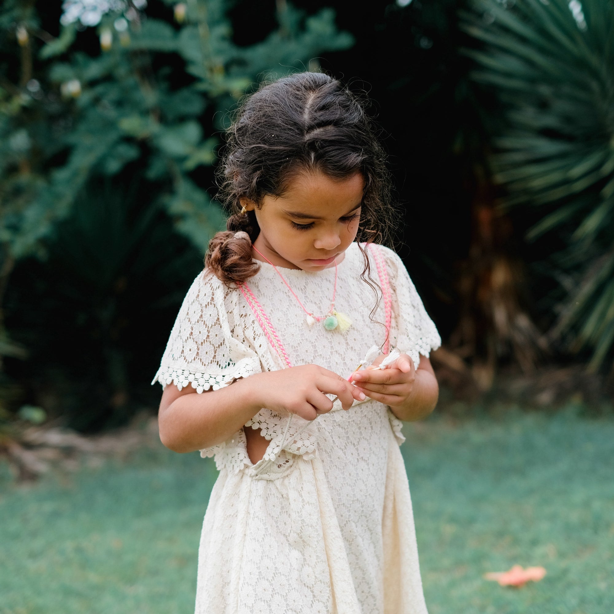 Girls Cream Flower Lace Cotton Dress