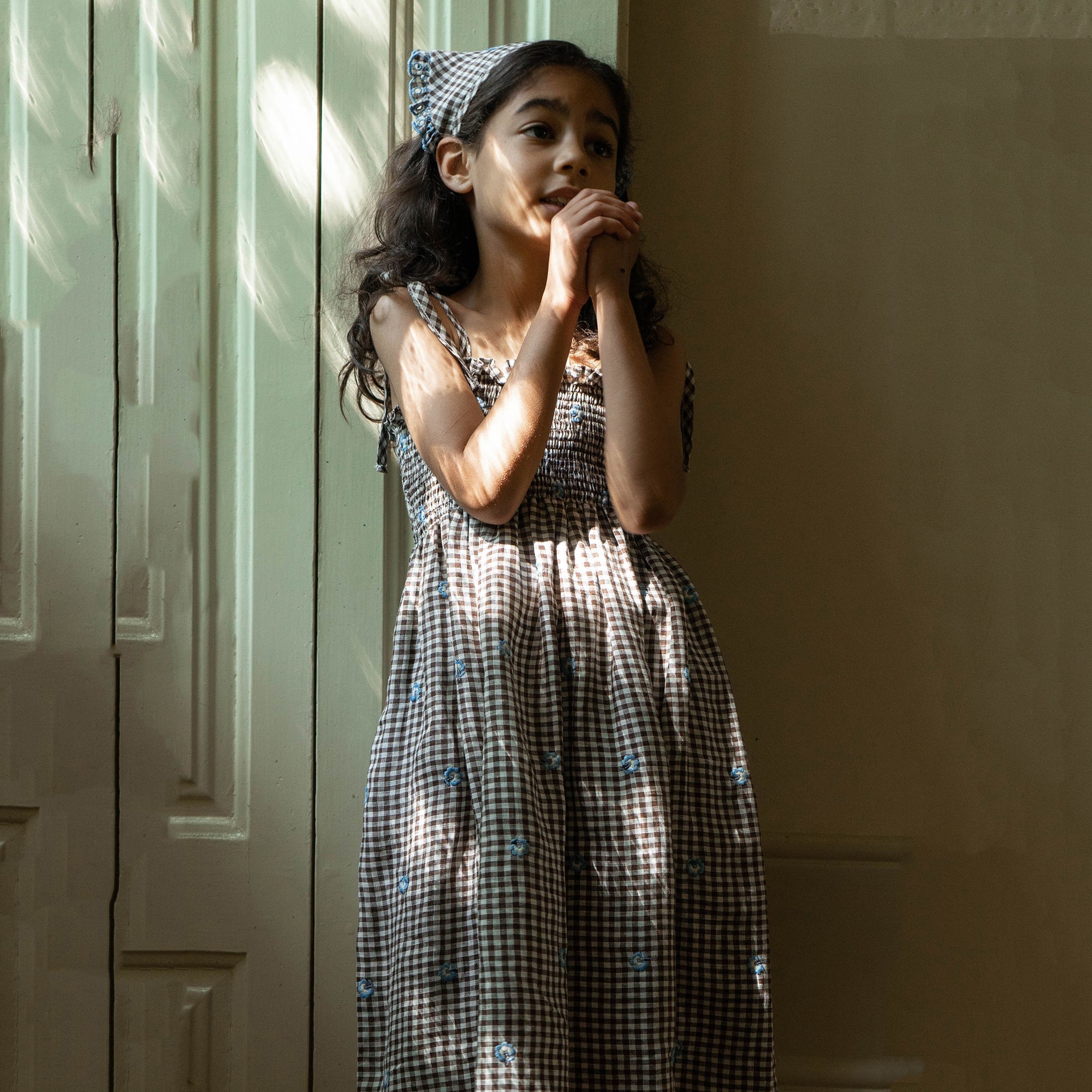 Girls Black Check Embroidered Dress