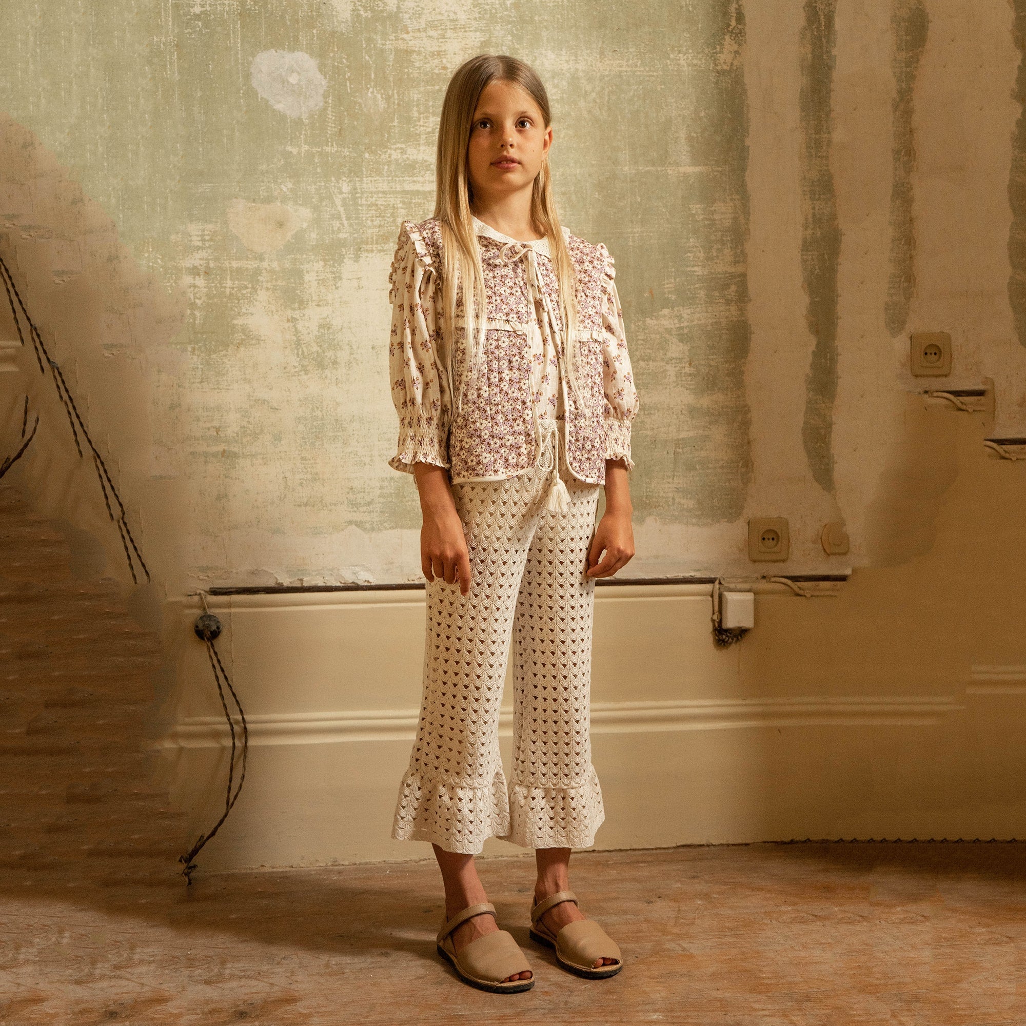 Girls White Hollow Cotton Trousers