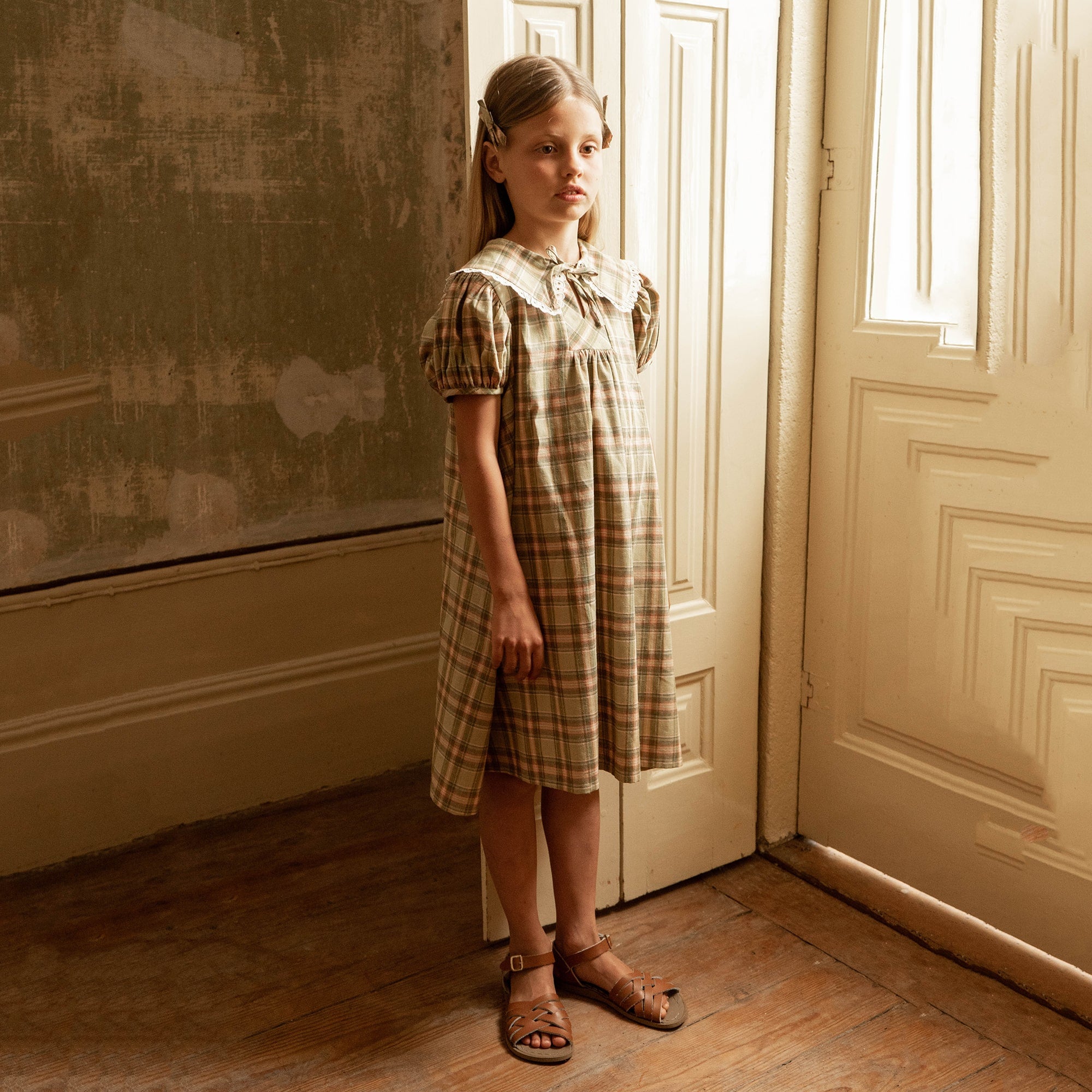 Girls Green Check Cotton Dress